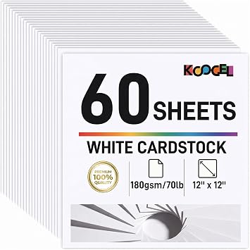 Koogel 60 Sheets White Cardstock, 12 x 12 White Blank Craft Paper, Printer Paper for Painting Invitations Card Making, Back to School Supplies, 70LB/180GSM