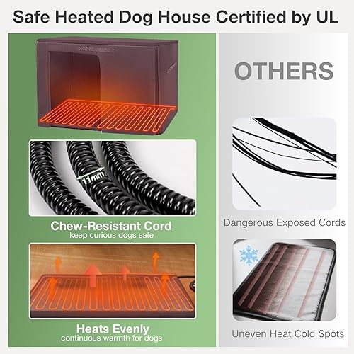 Miniatura 9 de Casa para perros con aislamiento al aire libre para perros pequeños, medianos y grandes, madera natural con marco de hierro, techo impermeable con