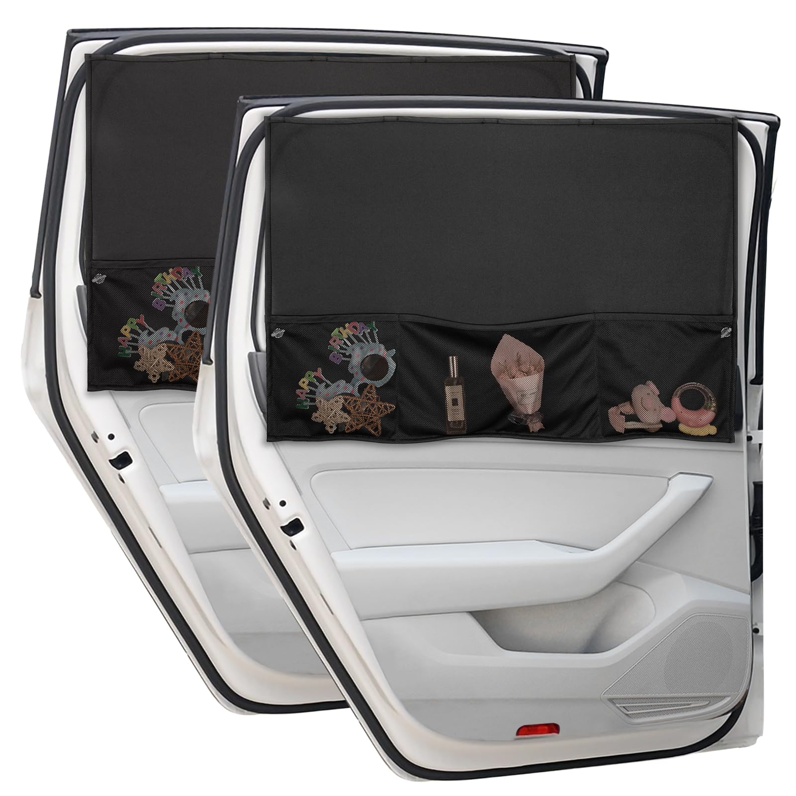 Car Window Shades 2 Packs Magnetic Side Window Car Sun Shade with Storage Pockets, Blackout Car Curtains for Windows for Baby Privacy, Rear Car Window Covers for Sun Block