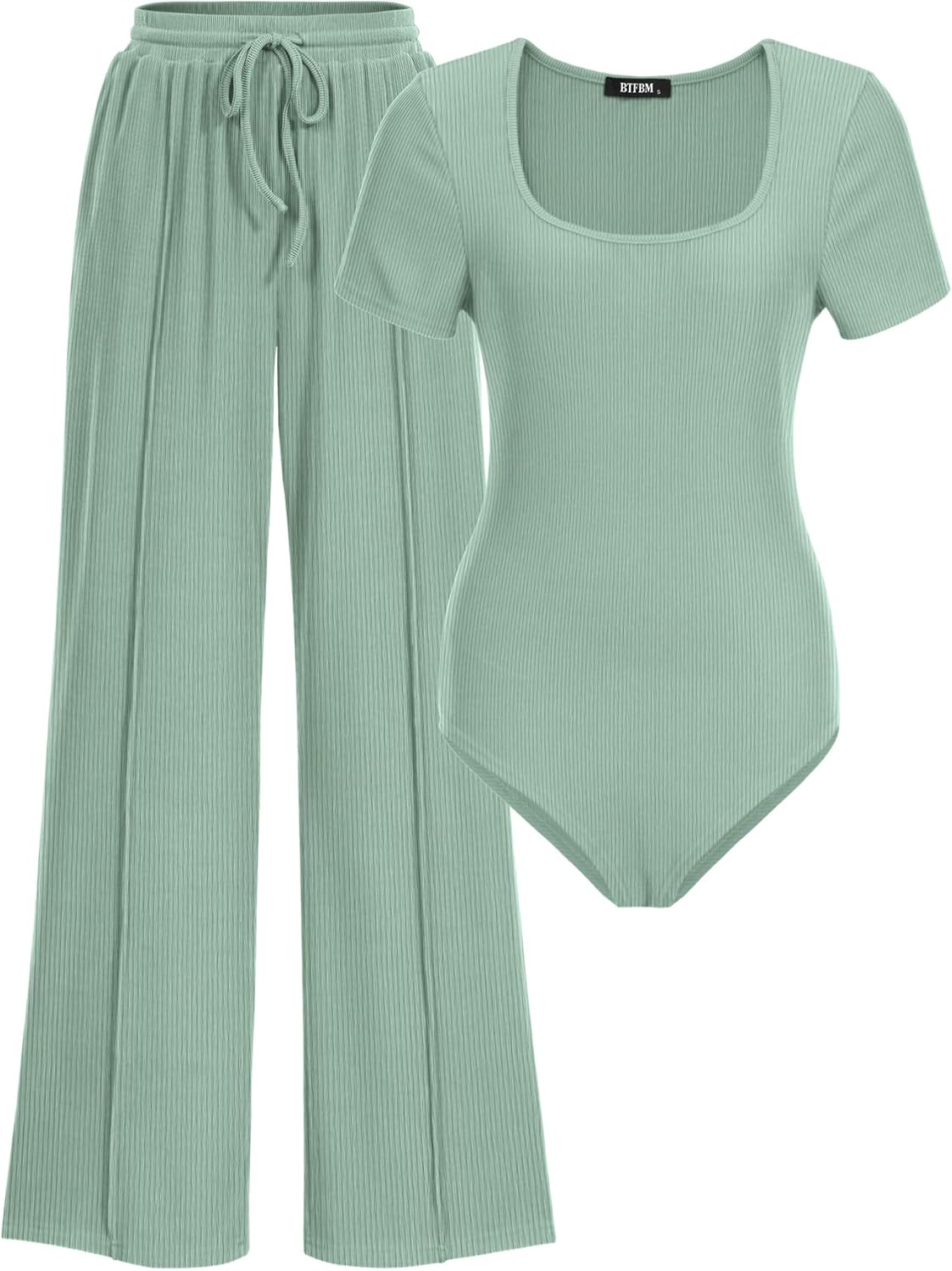 BTFBM Womens Casual 2 Pieces Outfits Dressy Square Neck Short Sleeve Bodysuit Drawstring Pants Knit Lounge Matching Sets