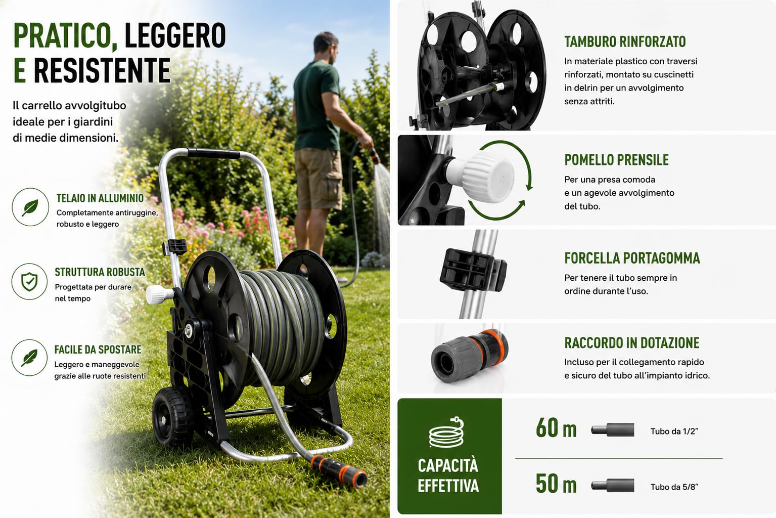 Carrello Avvolgitubo Genius 60 8862 con Ruote per Irrigazione Giardino