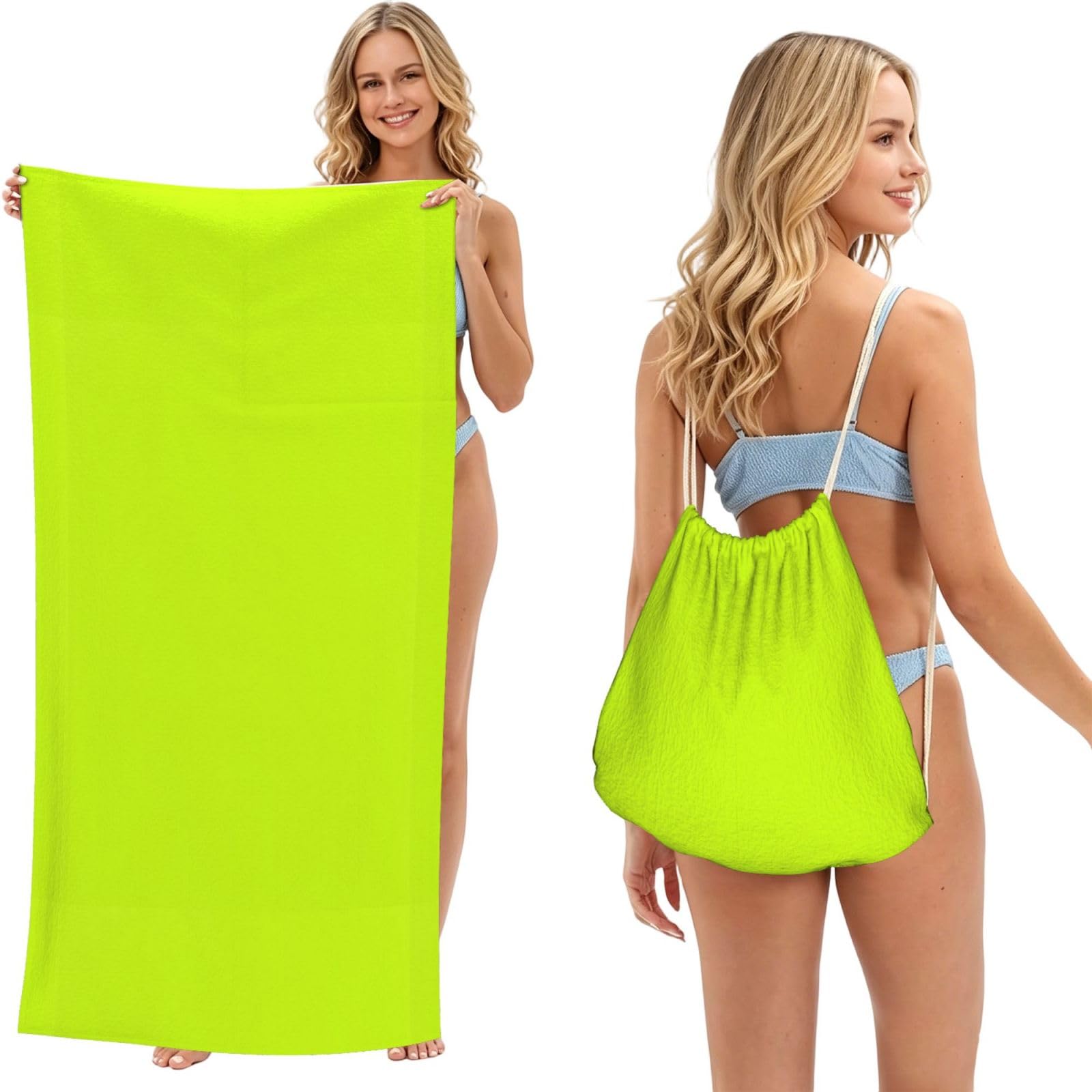Poadnly As Picture Bright Green Lime Neon Color, 2 In 1 Packable Towel Bag, Beach Towels With Drawstring Backpack For Travel Holiday Camping