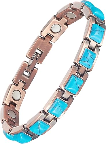 MagVIVACE Pulsera magnética de cobre puro para mujer, 7.68 pulgadas de piedra turca con 15 imanes para túnel carpiano RSI, regalos de joyería para