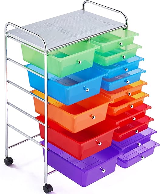 costoffs 15 Drawers Storage Unit On Lockable Wheels, Plastic Trolley Cart, Salon, Beauty, School, Home & Office Organiser, Multicolor