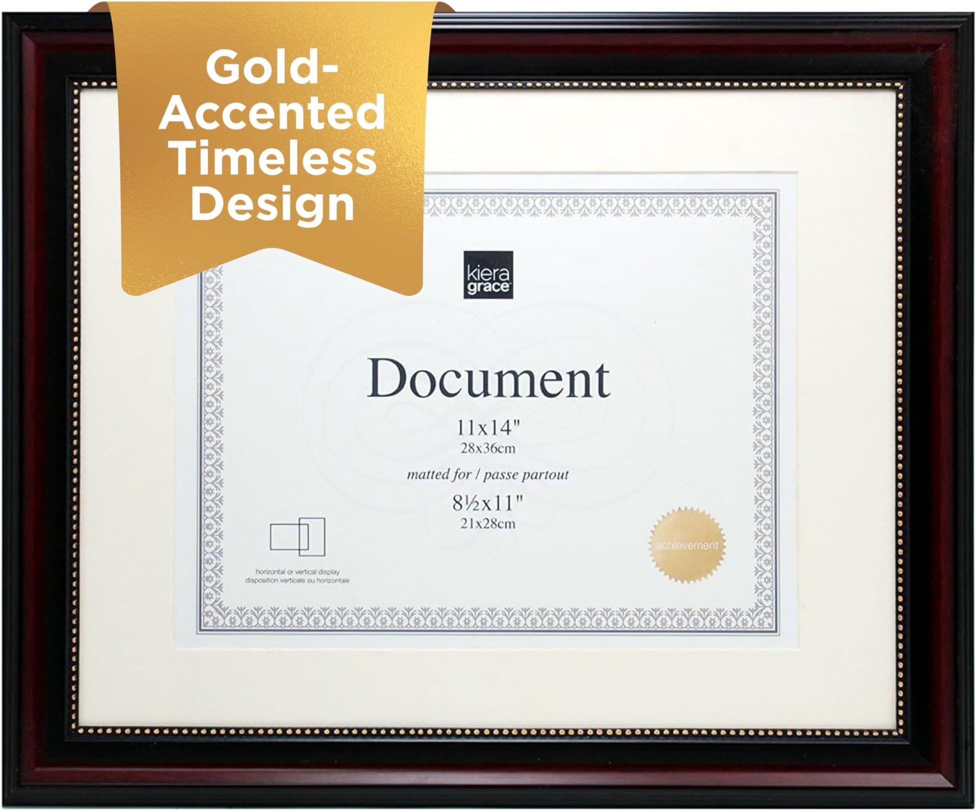 kieragrace Lucy Document Frame, 11 by 14-Inch, Matted to 8.5 by 11-Inch, Dark Brown with Gold Beading