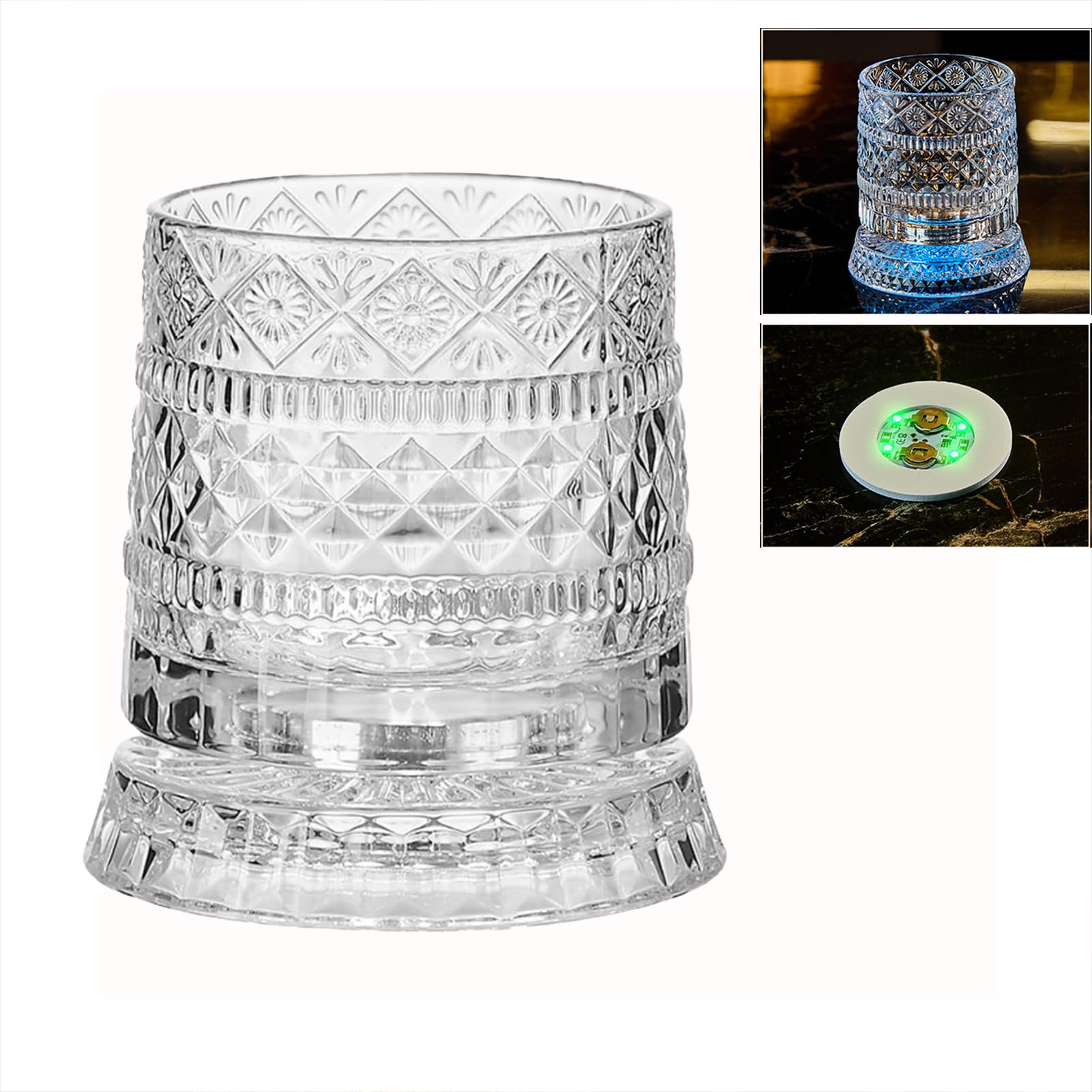 Verre à Whisky 2 Pcs Transparentes Verre, Verre Whisky Tournant à 360 DegréS,Verre à Whisky Avec Socle Led Coloré,Pour Collectionneurs Anniversaire FêTe Des Familiales FêTes (led)