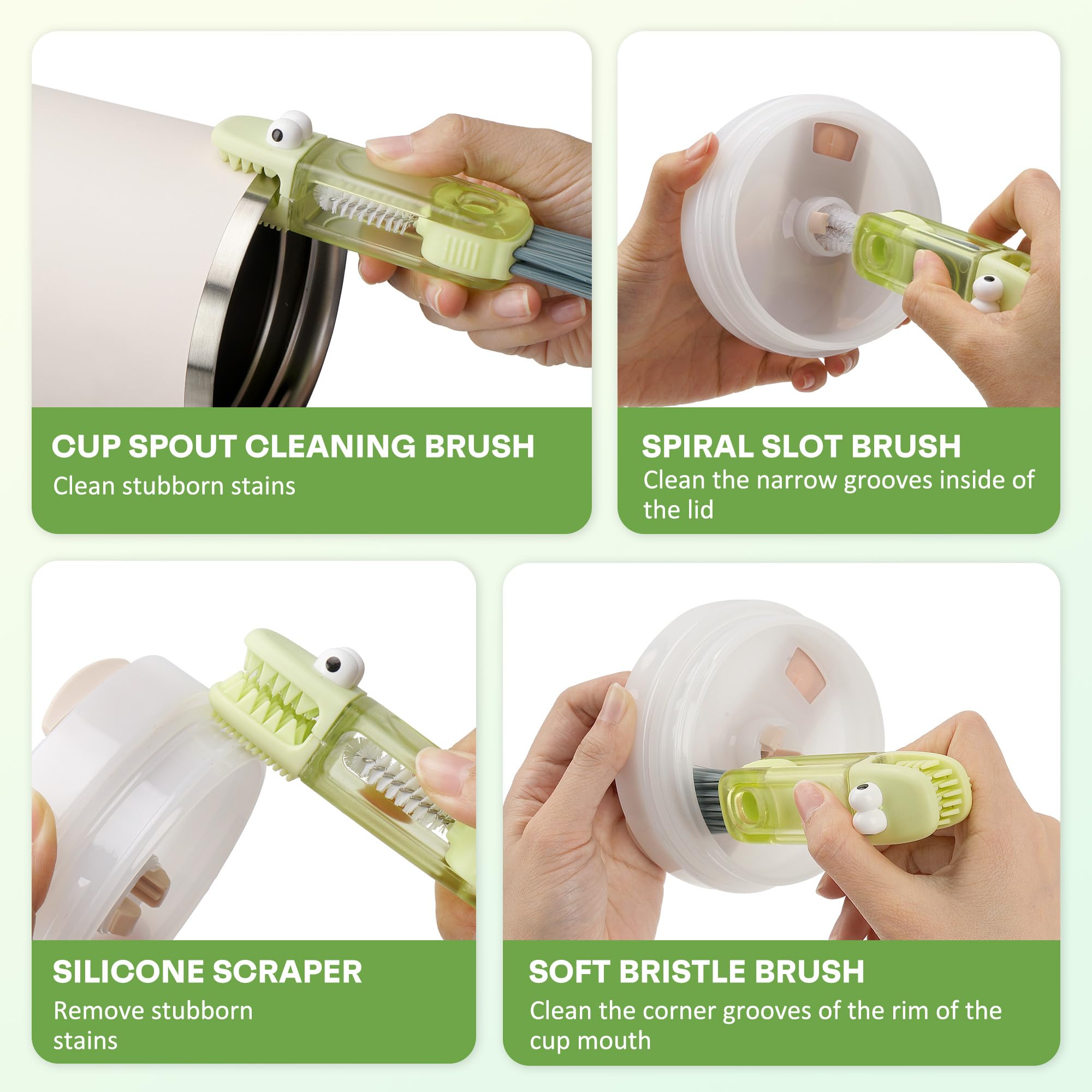 Juego de cepillos de limpieza de botellas con soporte, verde menta, limpiador de vasos de mango largo