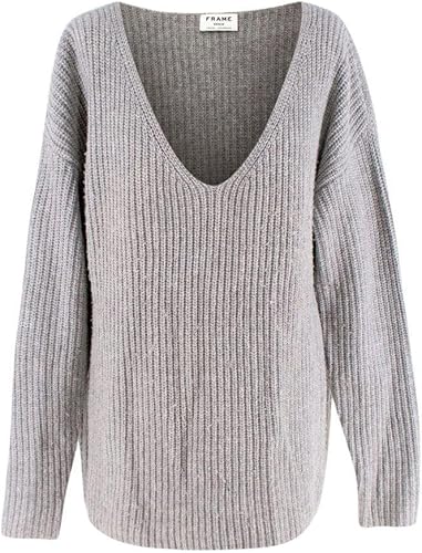 FRAME Jersey de Lana Gris de canalé con Cuello en V de Punto de Segunda Mano