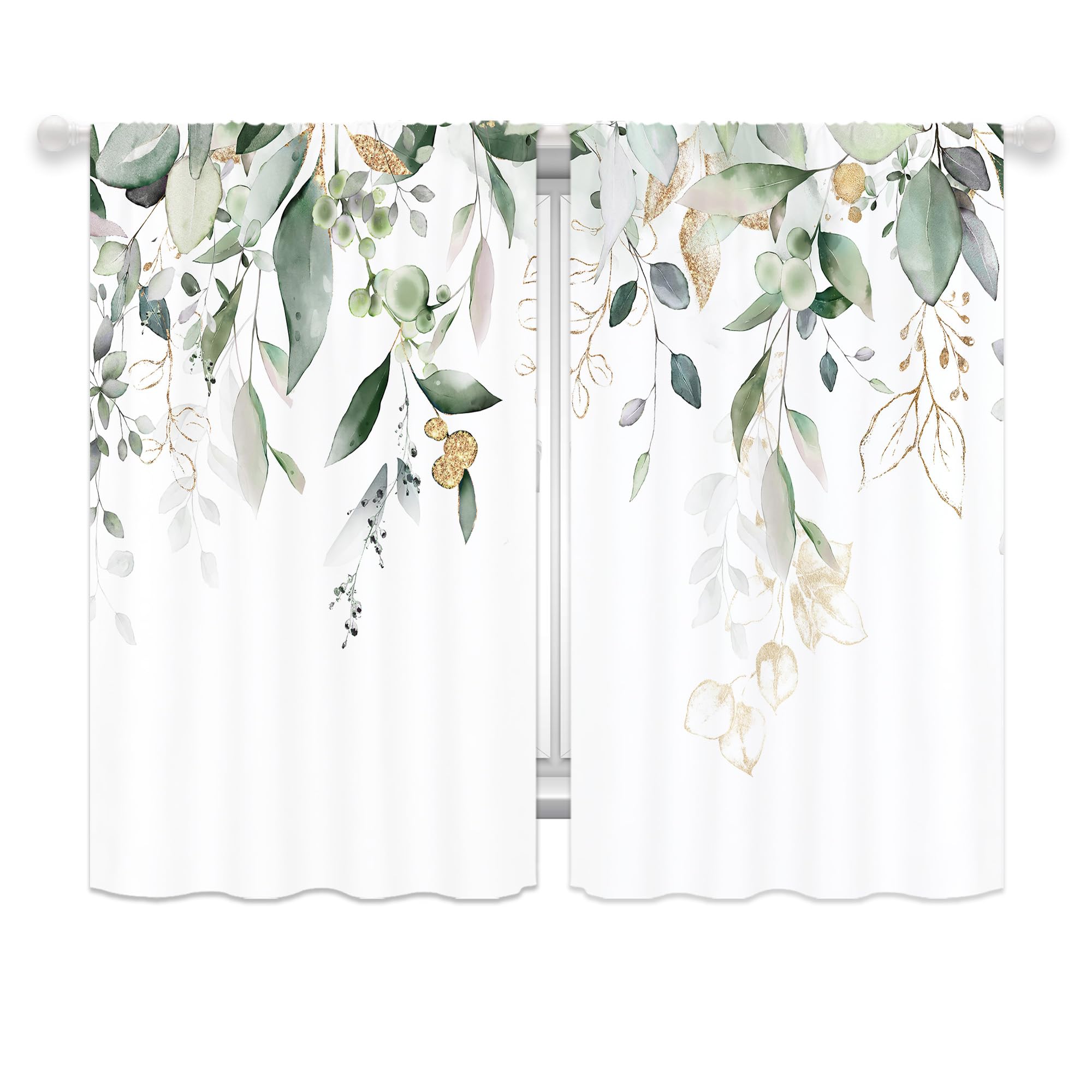 Yorida Sage Green Gold Eucalyptus Leaves Window Curtains Spring Green Flower Rod Pocket Curtains Botanical Curtain for Women Bedroom Girls Plant Window Treatment Drapes Living Room 42x63 Inch 2 Panel