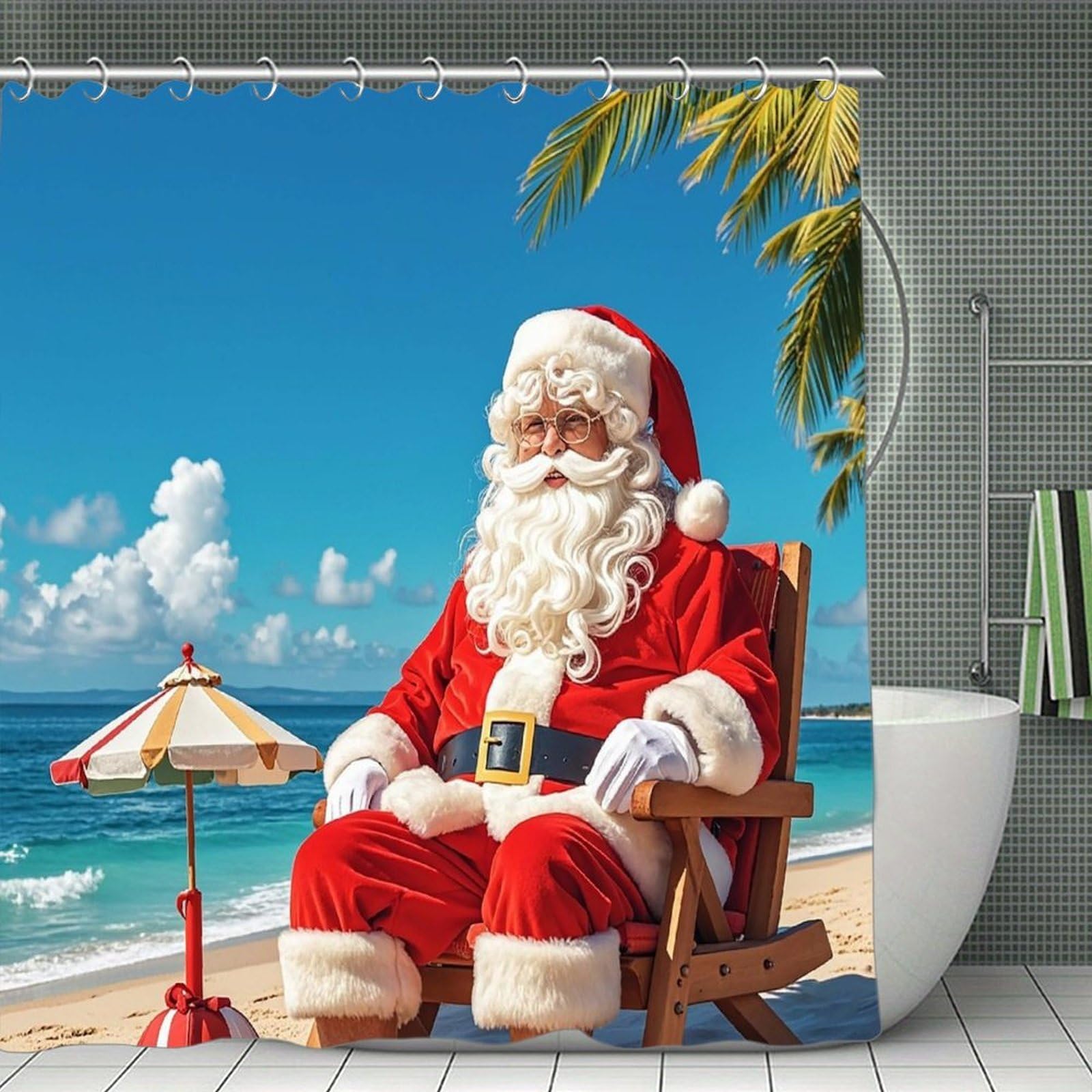 FekiLoot Santa Claus at Beach Shower Curtain Minimalist Thick Bathroom Curtain Washable Modern Bathroom Shower Curtain Heavy Duty Waterproof Cloth Bath Curtain with Hooks 70.8"x70.8"