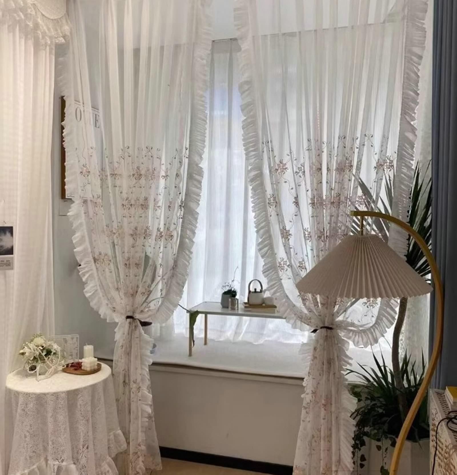 Voilage chambre romantique Beydodo, rideaux transparents avec broderies de fleurs pour salon lumineux