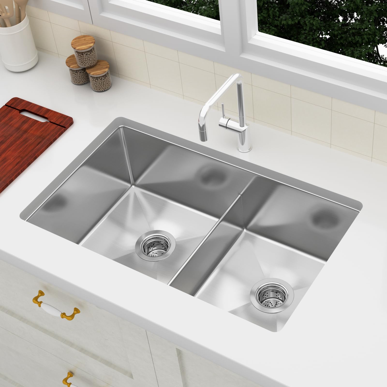 18 Gauge Stainless Steel 33x19 Inch Undermount Double Bowl Kitchen Sink (60/40) With 9 Inch Deep - View #2