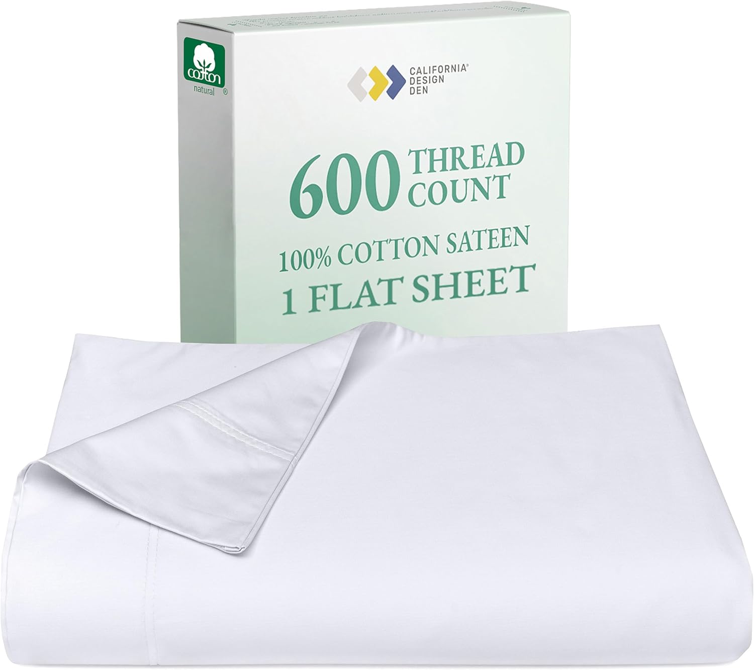California Design Den King Size Flat Sheet Only - 100% Cotton, 600 Thread Count, Soft and Breathable Top Sheet, Sateen Weave, Premium-Feel Bedding, Featuring Foot Side Indicator - Bright White