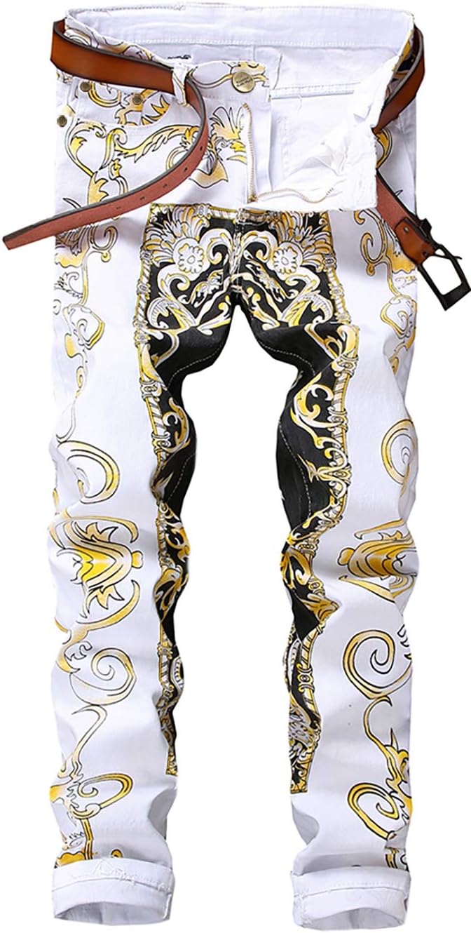 Enrica Men's Casual Printed Jeans Skinny Denim Pants