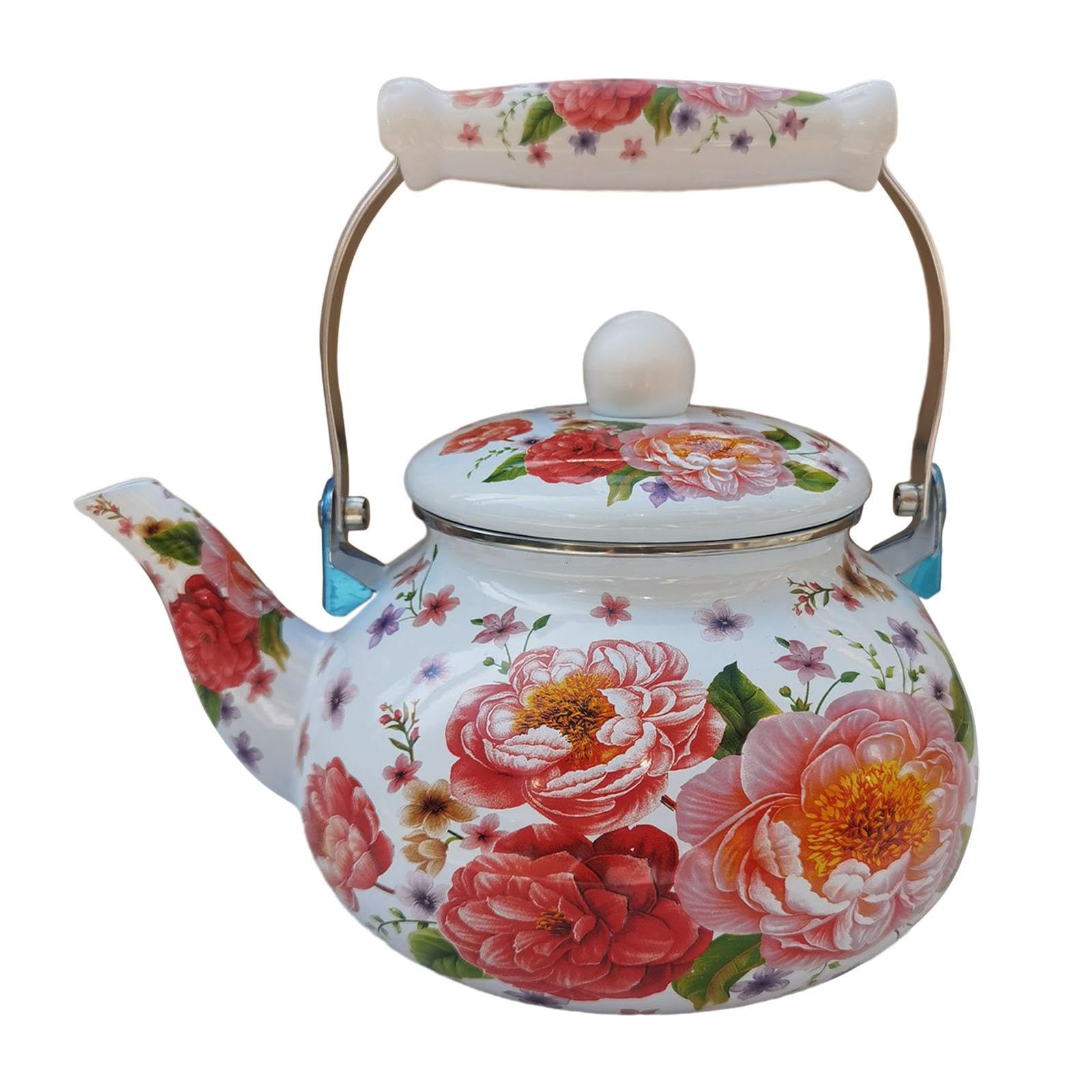 Induktions-Wasserkocher 2,5 L Retro-Emaille-Teekanne, Flötenkessel mit emailliertem Griff, Automatisch pfeifender Teekessel Kaffeekanne für Induktion, Gasherd, Elektroherd, stil a