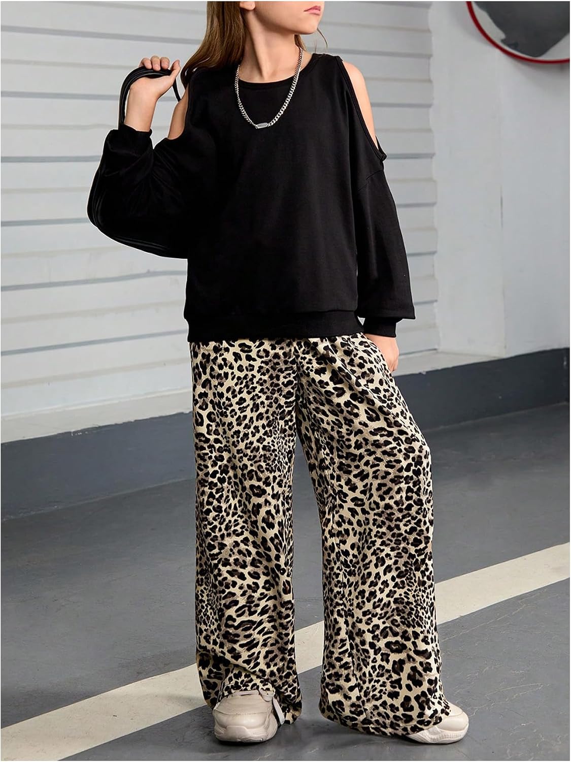 Floerns Girl's Leopard Print Patched Drawstring Waist Wide Leg Y2k Pants