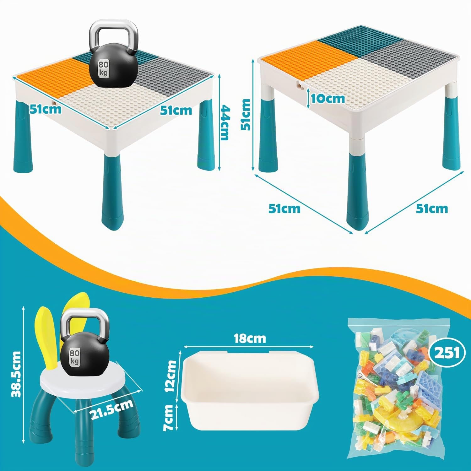 Mesa infantil con 2 sillas de juego para niños con 251 bloques de construcción, mesa de actividades multifuncional a partir de 2 años con espacio de almacenamiento, juego de bloques de