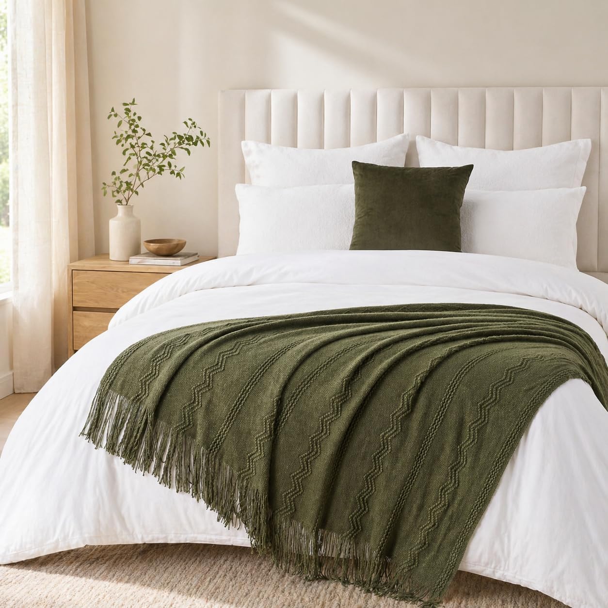 BATTILO HOME Olive Green Throw Blanket for Couch, Soft Army Green Blanket with Tassels for Home Decor, Decorative Knitted Throws for Couch Cover, 50"x60"