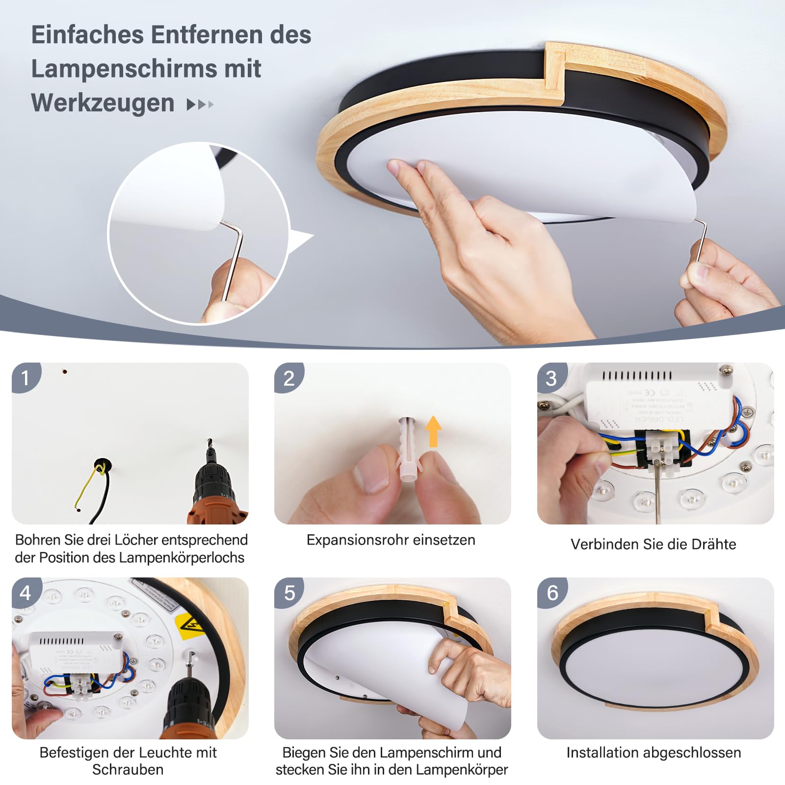 LED Deckenleuchte, Weiß Deckenlampe 40cm, 36W Lampe mit Holz für Schlafzimmer Wohnzimmer Küche Flur Esszimmer 4000K