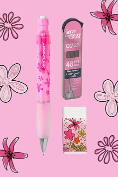 Serve Nature Patterned Deep Pencil, Deep Eraser and Deep Min, 0.7 mm, Candy Pink