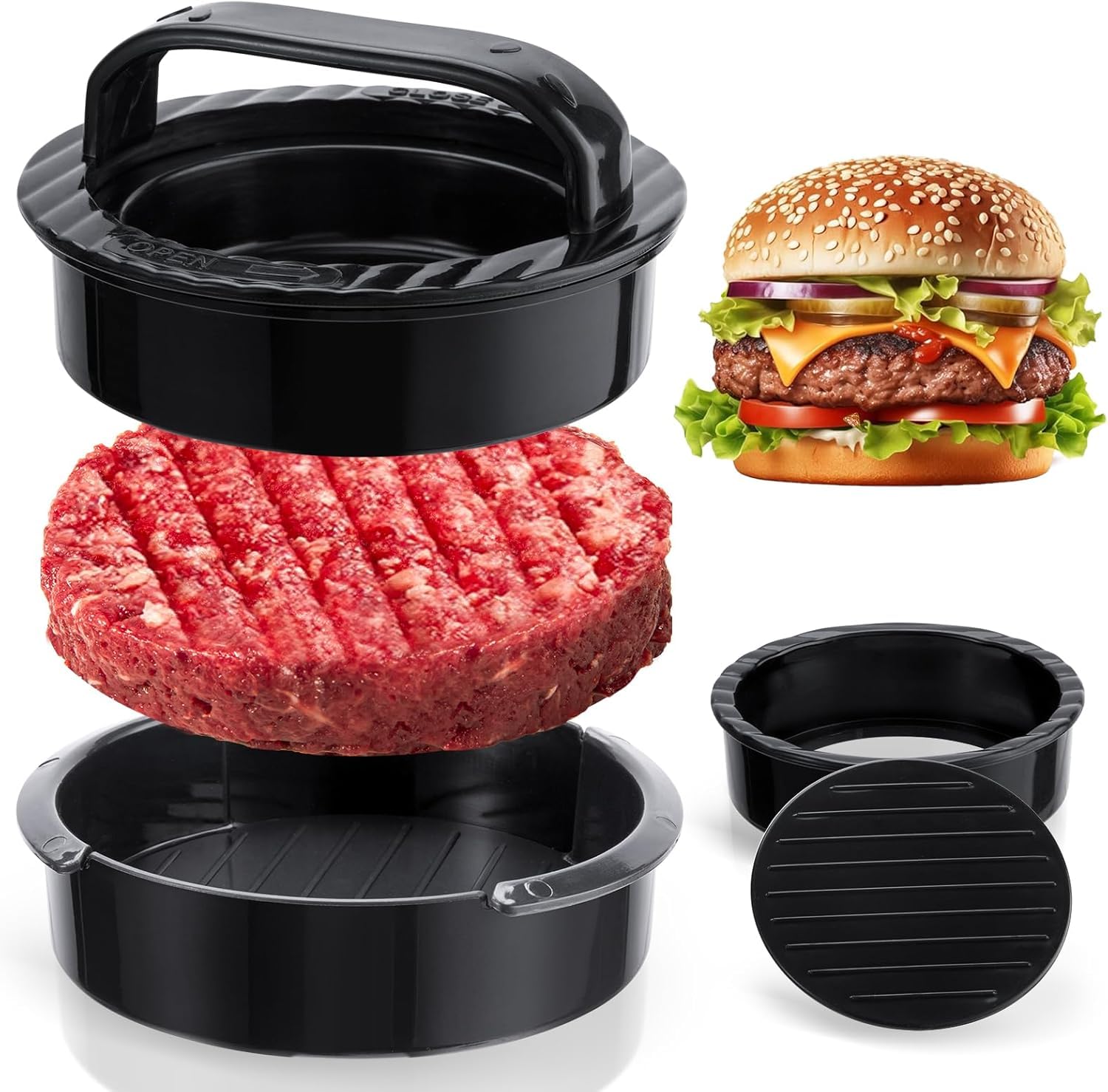 – Hamburger Press Patty Maker – 3-in-1 Non-Stick Patty Mold for Stuffed Burgers, Sliders, Veggie & Beef Burgers, BBQ Grilling Accessory