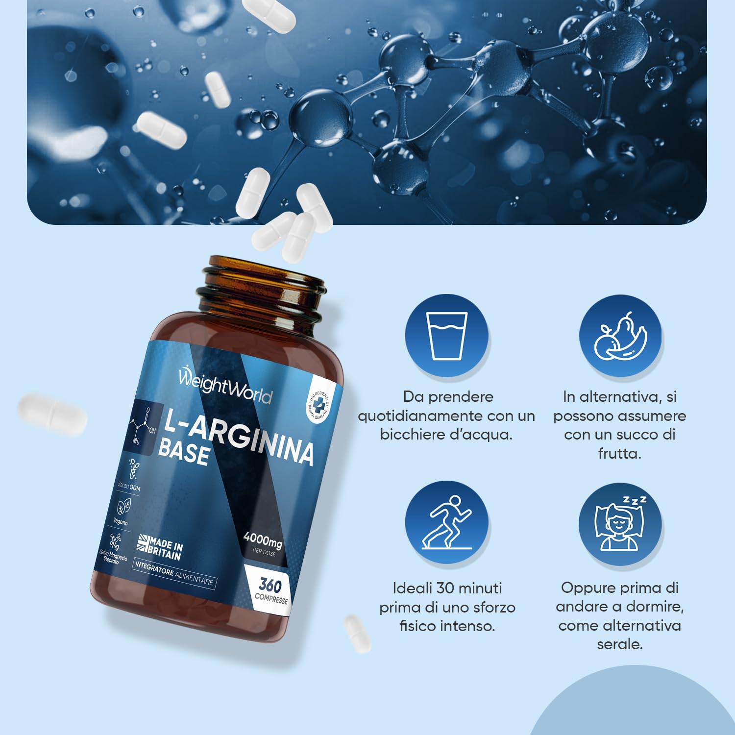 Arginina Integratore da 360 Compresse, per Vegani e Vegetariani, Pre Workout, Intra e Post Workout, L Arginina Base, Aminoacido Semi-Essenziale, Privo di Magnesio Stearato e Glutine, Prodotto in UK