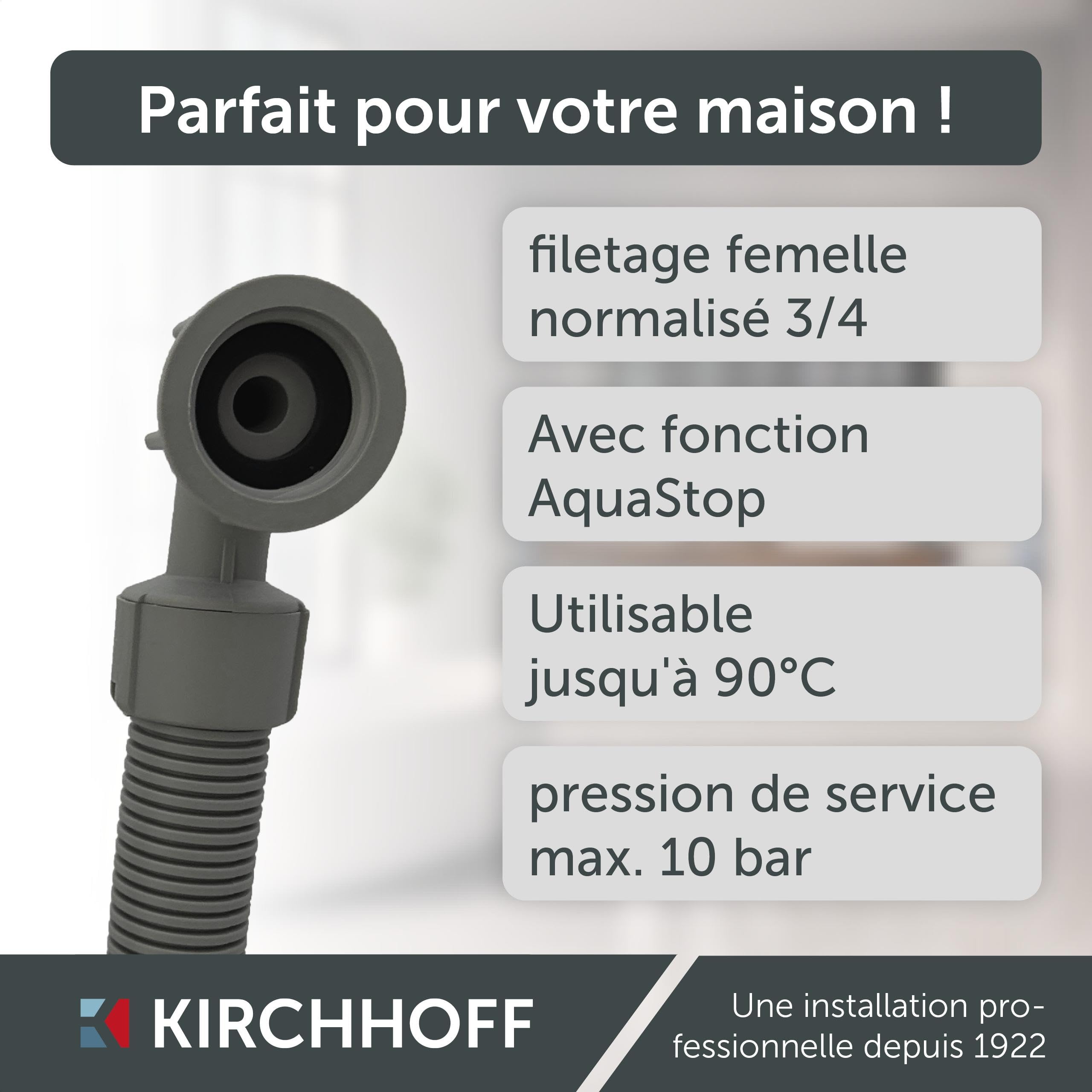 KIRCHHOFF 98657230 Tuyau d'alimentation pour machine à laver ou lave-vaisselle 2,5 m avec filetage intérieur 3/4" x 3/4" pour machine à laver ou lave-vaisselle, tuyau d'eau avec Aquastop