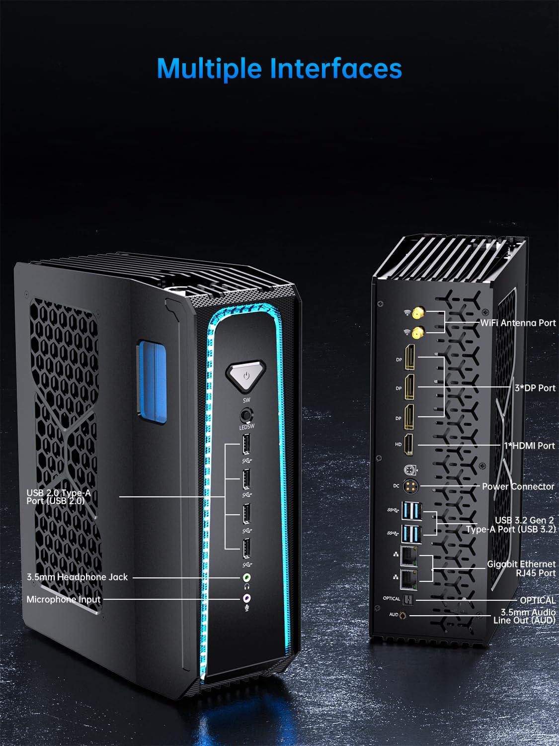 Thdeukoty Mini Gaming Pc Core i9-14900F(24C, 32T, Up to 5.8GHz) 64GB DDR5 1TB SSD, Water Cooling Desktop Computer with RTX 4070S WiFi 6E, BT5.3, RJ45 Port, Quad Display for Gaming/Design/Office