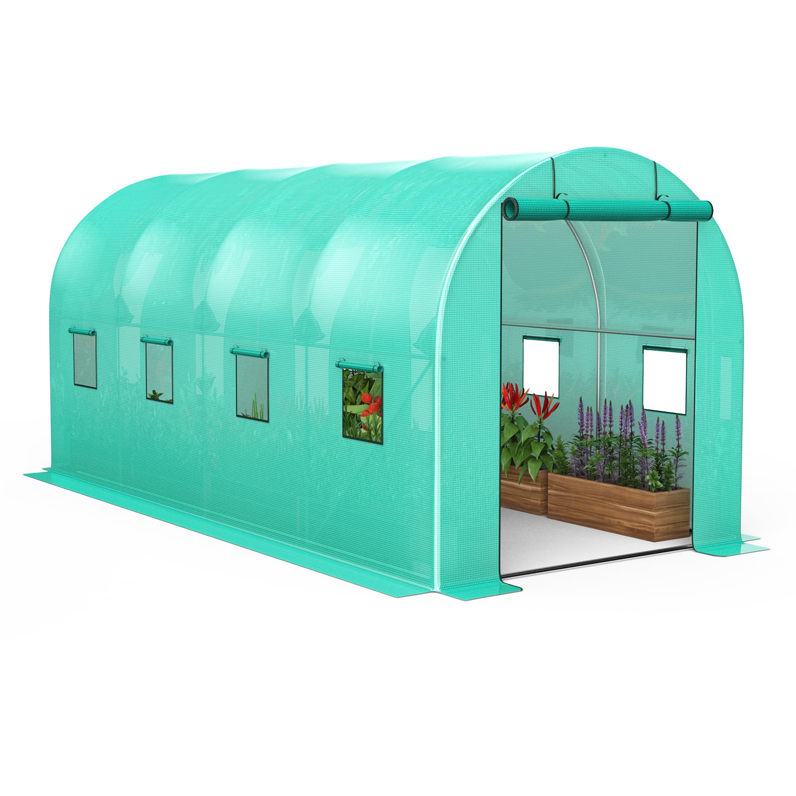 Invernadero túnel de jardinería - 15x7x7 pies con Estructura galvanizada - Cubierta PE Verde Resistente, Puerta Enrollable y 8 Ventanas con Malla - Ideal para Cultivo al Aire Libre /
