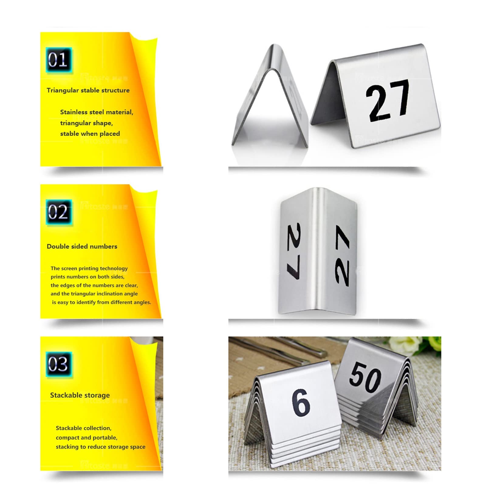 V3VOGUE Números De Mesa De Carpa De Acero Inoxidable Estilo, Números De Doble Cara para Un Fácil Reconocimiento, 1 A 50/100 Signo De Número De Mesa para Boda/Restaurante/Cafés