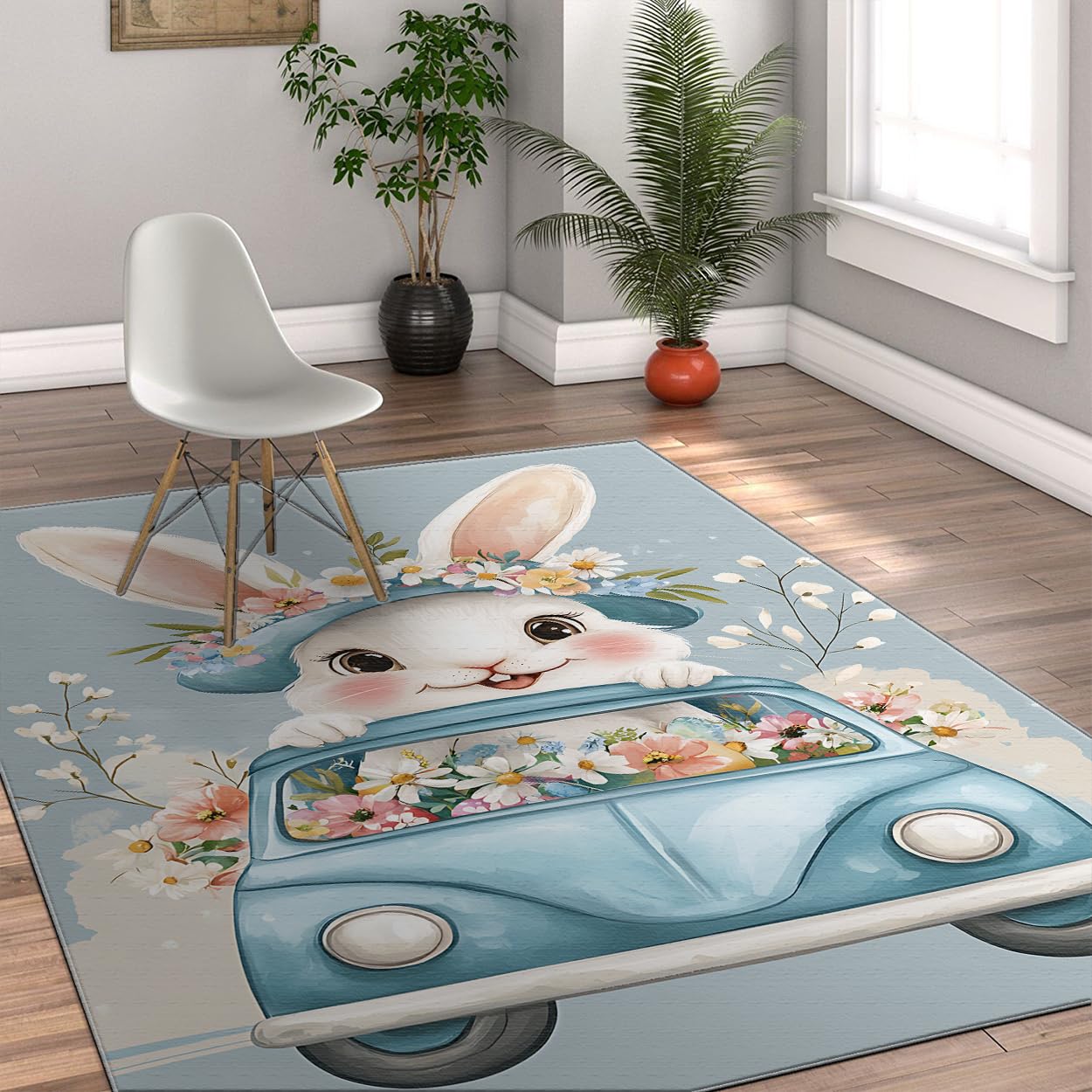 Paillasson lapin de Pâques 180x240cm avec tapis lavable auto fleurs