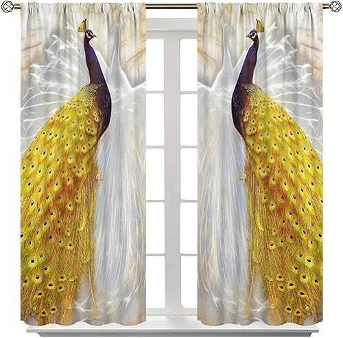 Miniatura 224 de Cortina opaca con estampado de pavo real, con estampado de animales retro, con bolsillo para cortinero y flores de peonía doradas, para dormitorio,