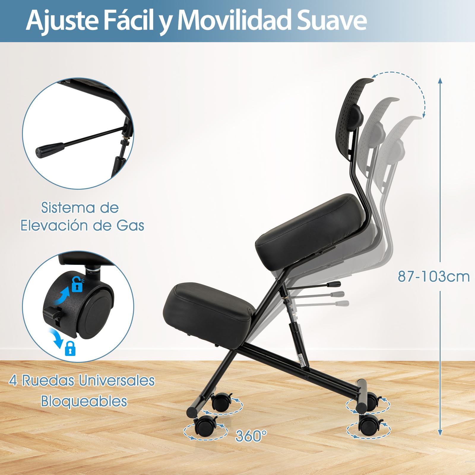COSTWAY Silla Ergonómica Rodillas con Respaldo, Ajustable en Altura, Taburete Corrector de Postura con Asiento Inclinado, Silla Oficina con Ruedas Universales Bloqueables, 64,5-84,5 x 46 x 87-103 cm