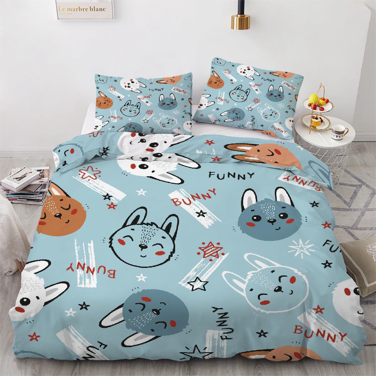 Parure de lit lapin 200x200 cm housse de couette réversible fermeture éclair