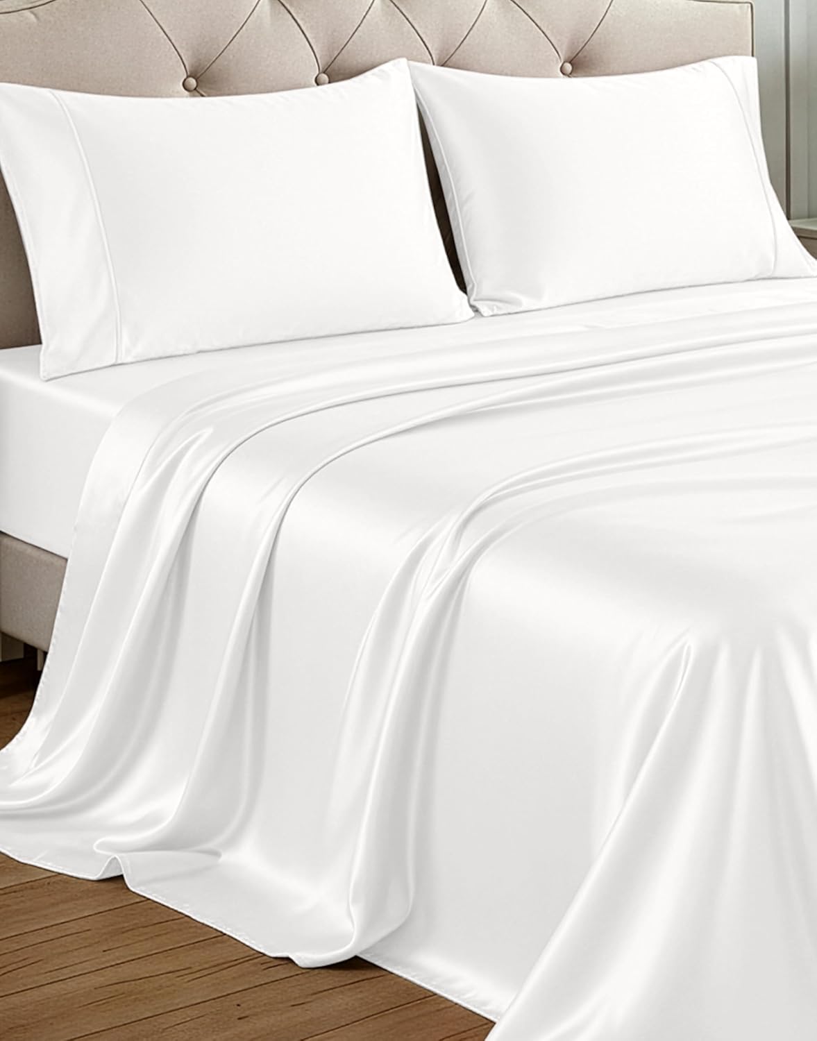 Casa Platino Satin Sheet Set Cal King - Silky Soft Cal King White Silk Sheets, Hair Smoothing Fabric, Breathable & Fade-Resistant, Fits Mattresses Up to 15", Cooling for Summer Nights, Elegant Finish