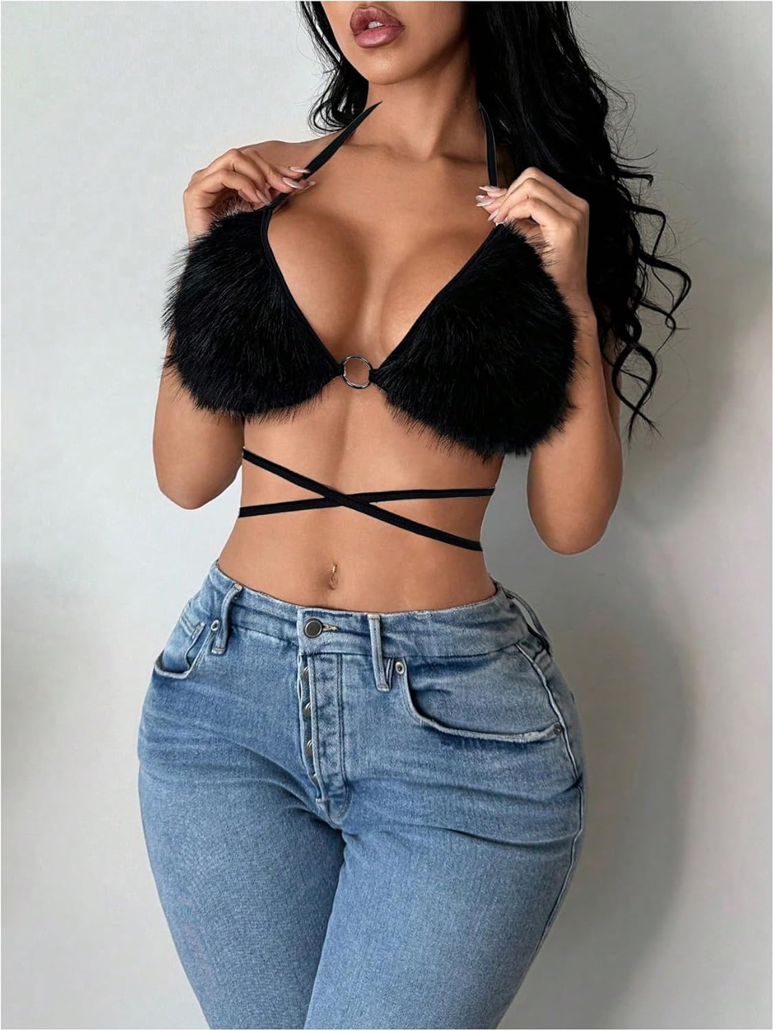 Verdusa Women's Furry Fuzzy Lace Up Halter Top Rave Party Date Night Micro Crop Tops - Image 6