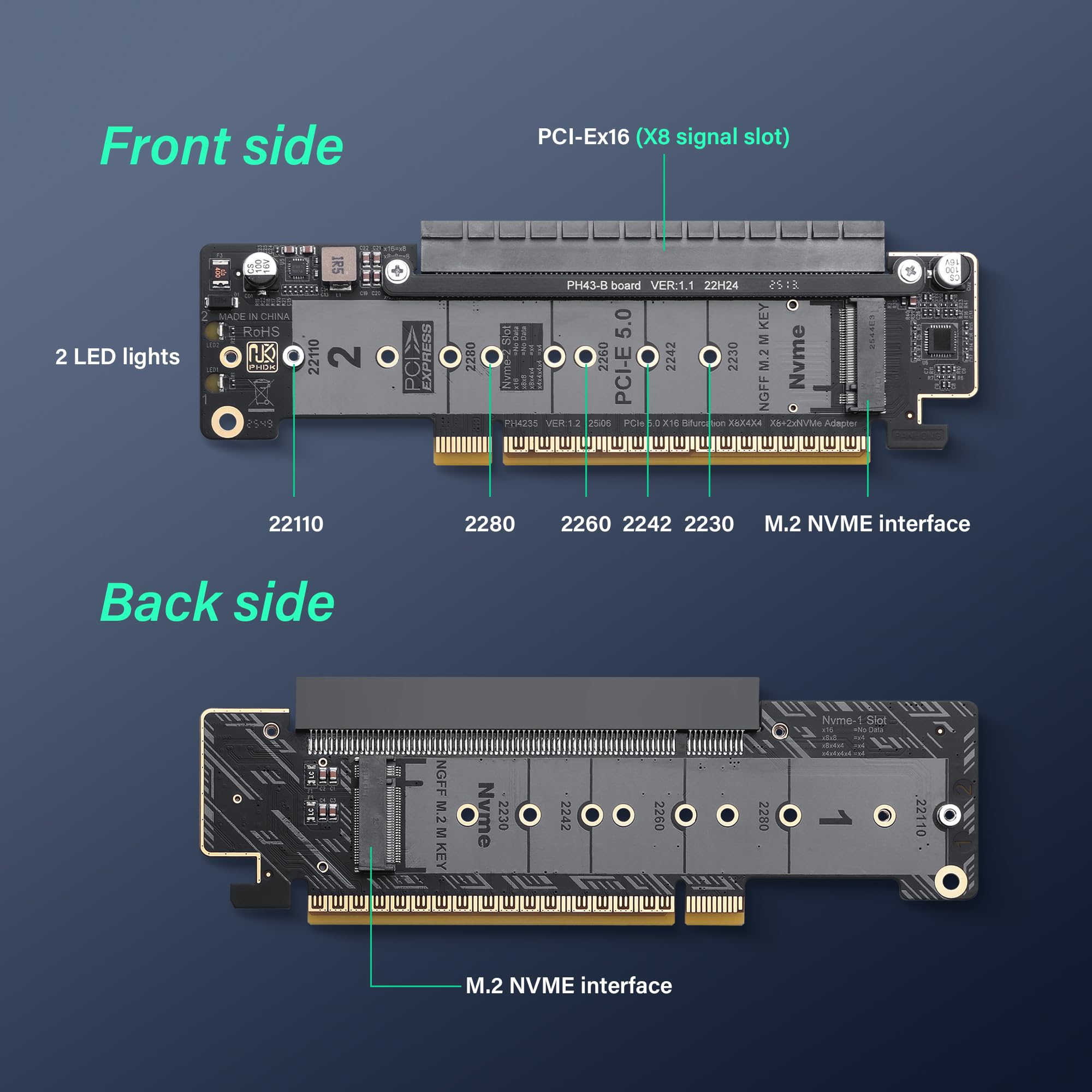 SinLoon PCIe 5.0 X16 karta rozszerzająca, karta PCIe Bifurcation Riser, dzieli slot X16 na X8+X4+X4, obsługuje NVMe M.2 SSD i Low-Profile GPU, kompatybilna z dyskami 22110/2280, z diodami LED do C