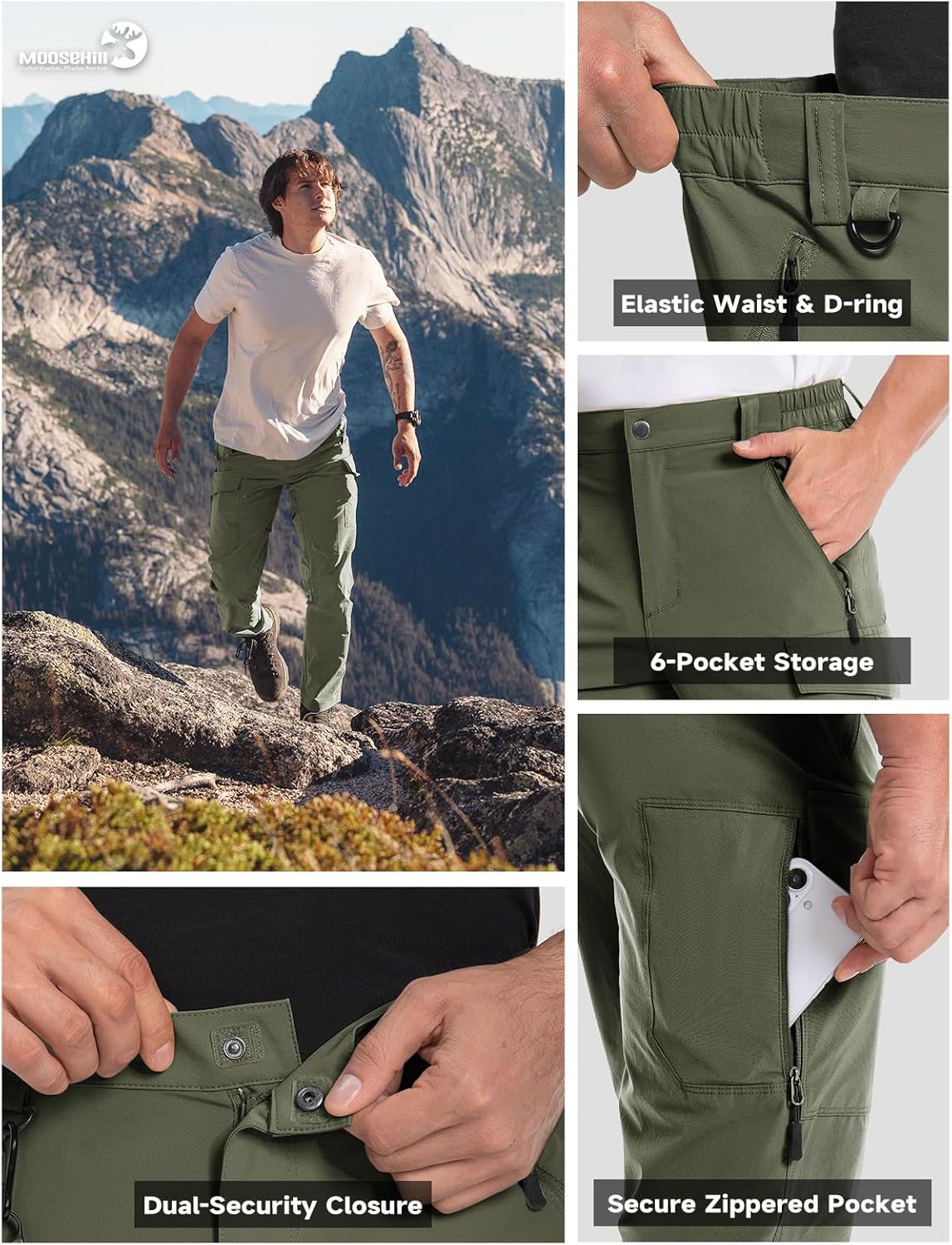 Moosehill Men's Hiking Pants Lightweight: Breathable Quick Dry Water Resistant 4-Way Stretch - 6 Deep Pockets for Hot Weather