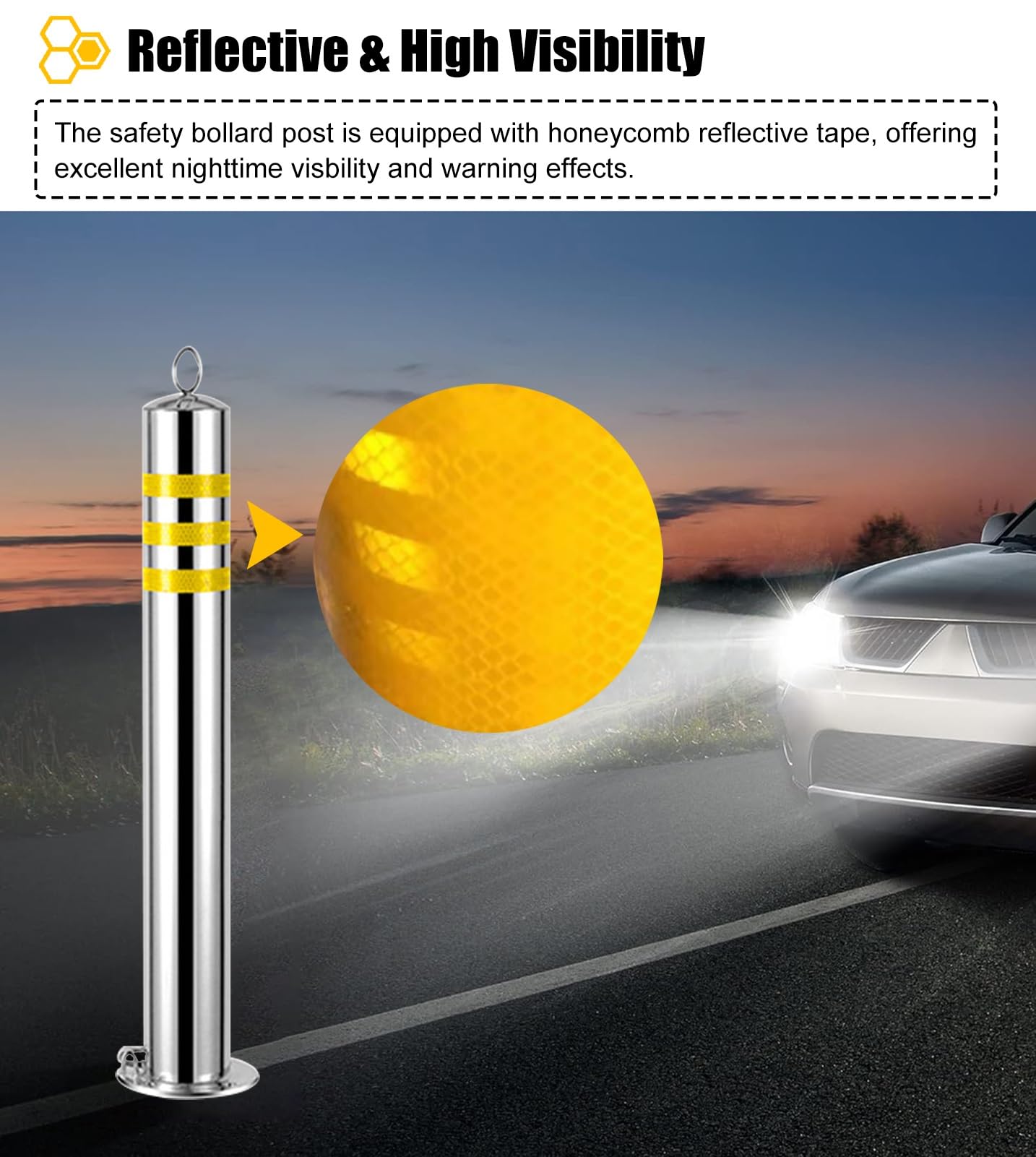 Parkpfosten, Set mit 2 robusten Parkplatz-Absperrpfosten aus Edelstahl, reflektierenden Verkehrswarnkegeln Schrauben(7.6 x 60cm (3 x 23 5/8in))