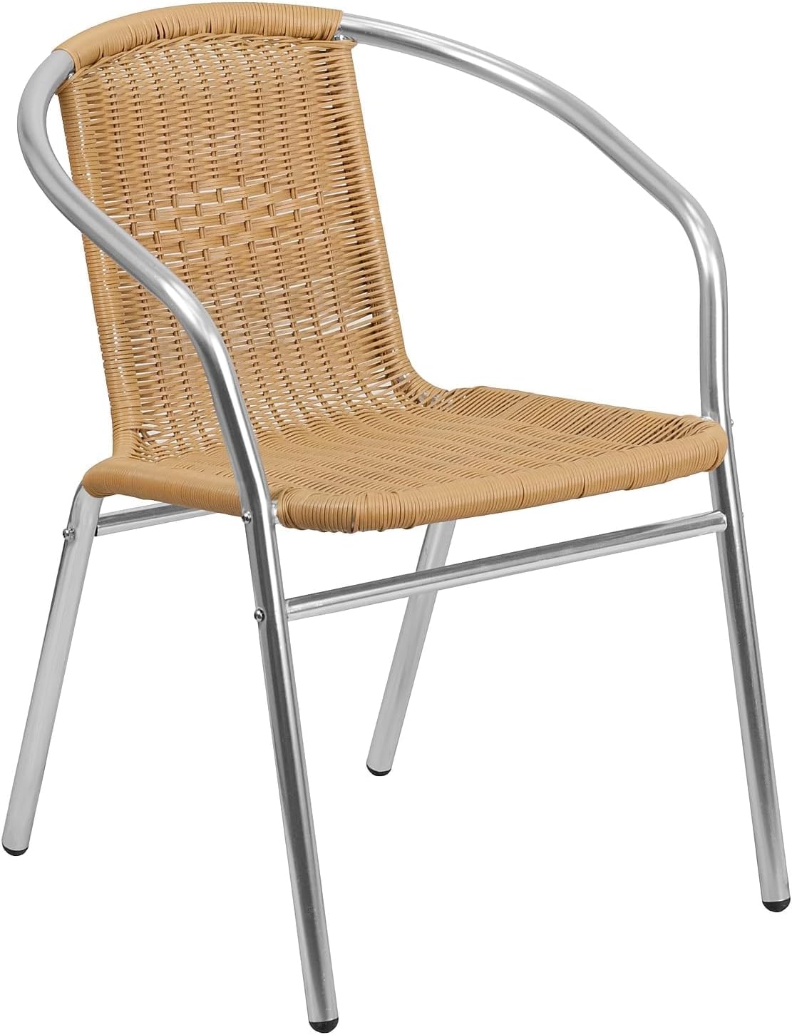 BOWERY HILL Aluminum and Rattan Stacking Patio Chair, Beige Finish, Lightweight Curved Back Design, Integrated Arms, All-Weather Use, Indoor Outdoor Bistro Seating, 29" H x 21.75" W x 22" D