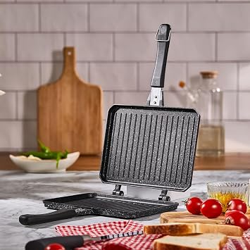 Deconox Double Sided Cooker Top Cast Toaster, Granite Effect Fireproof Nonstick Sandwich and Toast Pan - Ideal for Hamburgers, Omelets and Snacks | Easy to Clean Grill Pan with Ergonomic Handle