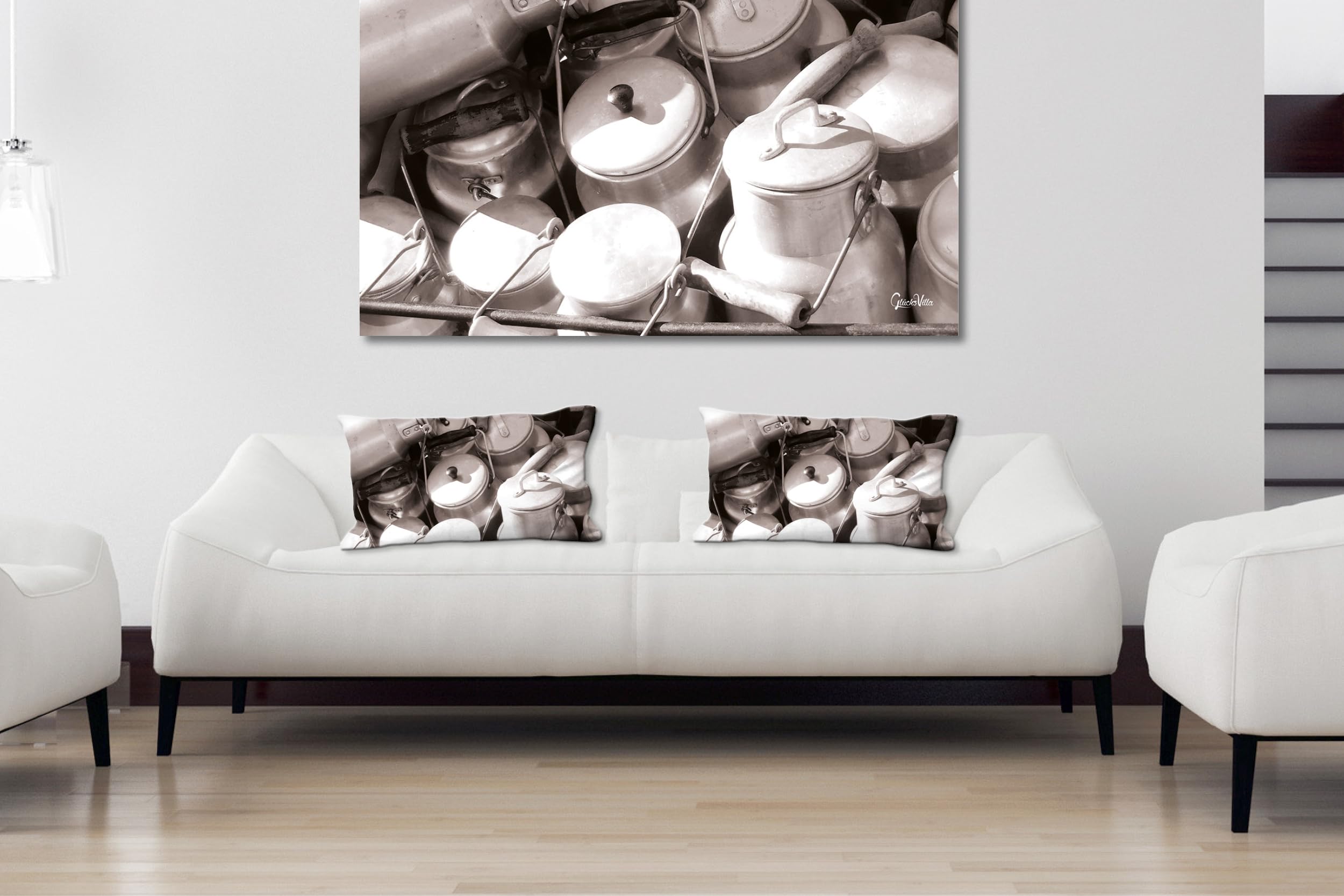 Milchkannen 2 - Foto-Kissen-Hülle Set (2 STK.) 80 x 40 cm | Kissen-Bezüge - passend zu Wandbild - Deko-Kissen - Küche Milch Geschirr Kuh Bauernhof