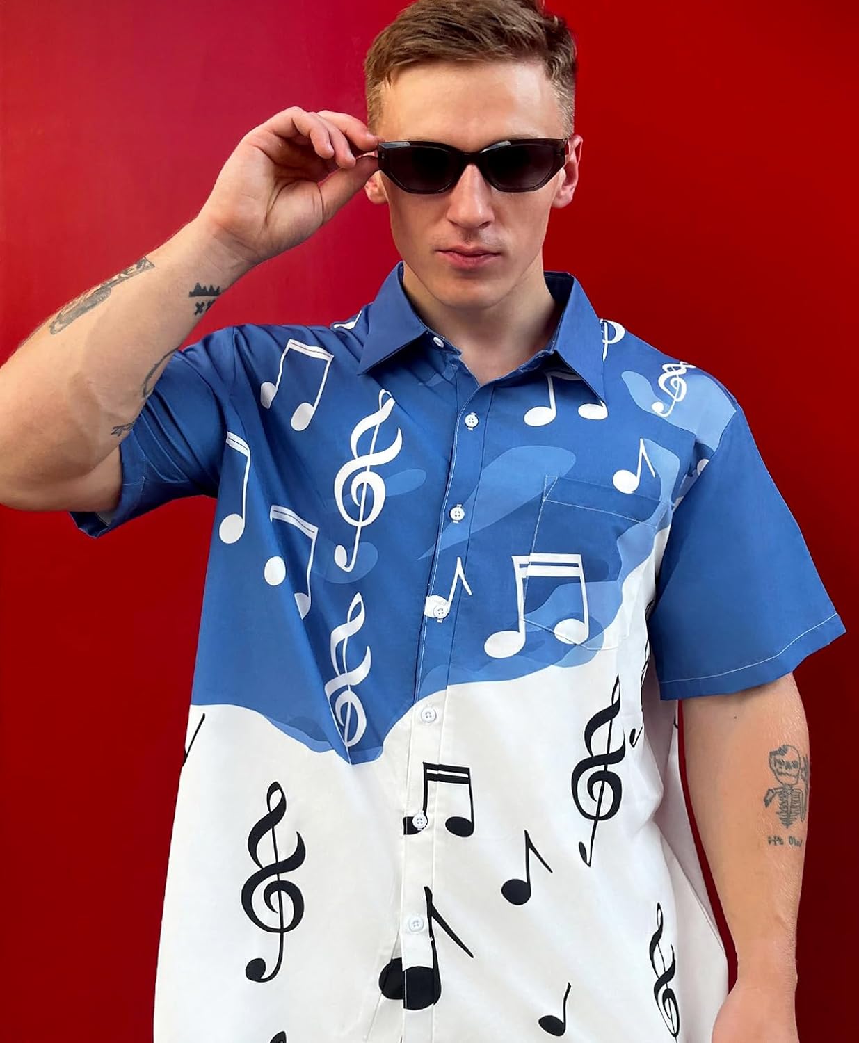 Musical Notes Print Button Down Shirt, Funny Tops, Beach Vacation Music Short Sleeve, Funny Tops - Image 5