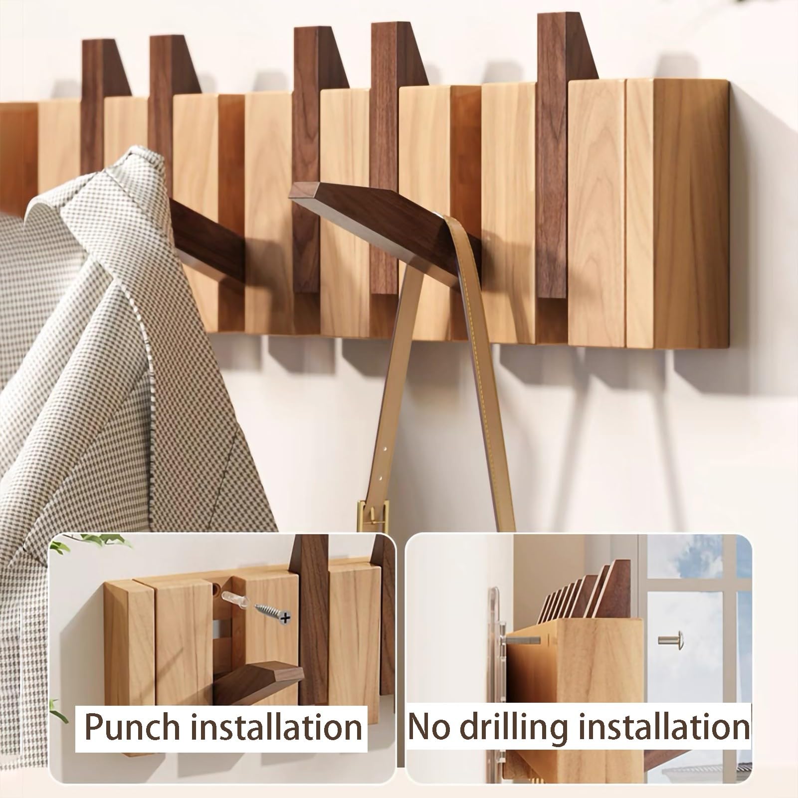 Appendiabiti da Parete in Faggio, Gancio Ribaltabile con Design a Forma di Tasto di Pianoforte, Appendiabiti Salvaspazio per Cappotti Borse e Cappelli, per Armadio Camera da Letto(Mix,8 hooks)