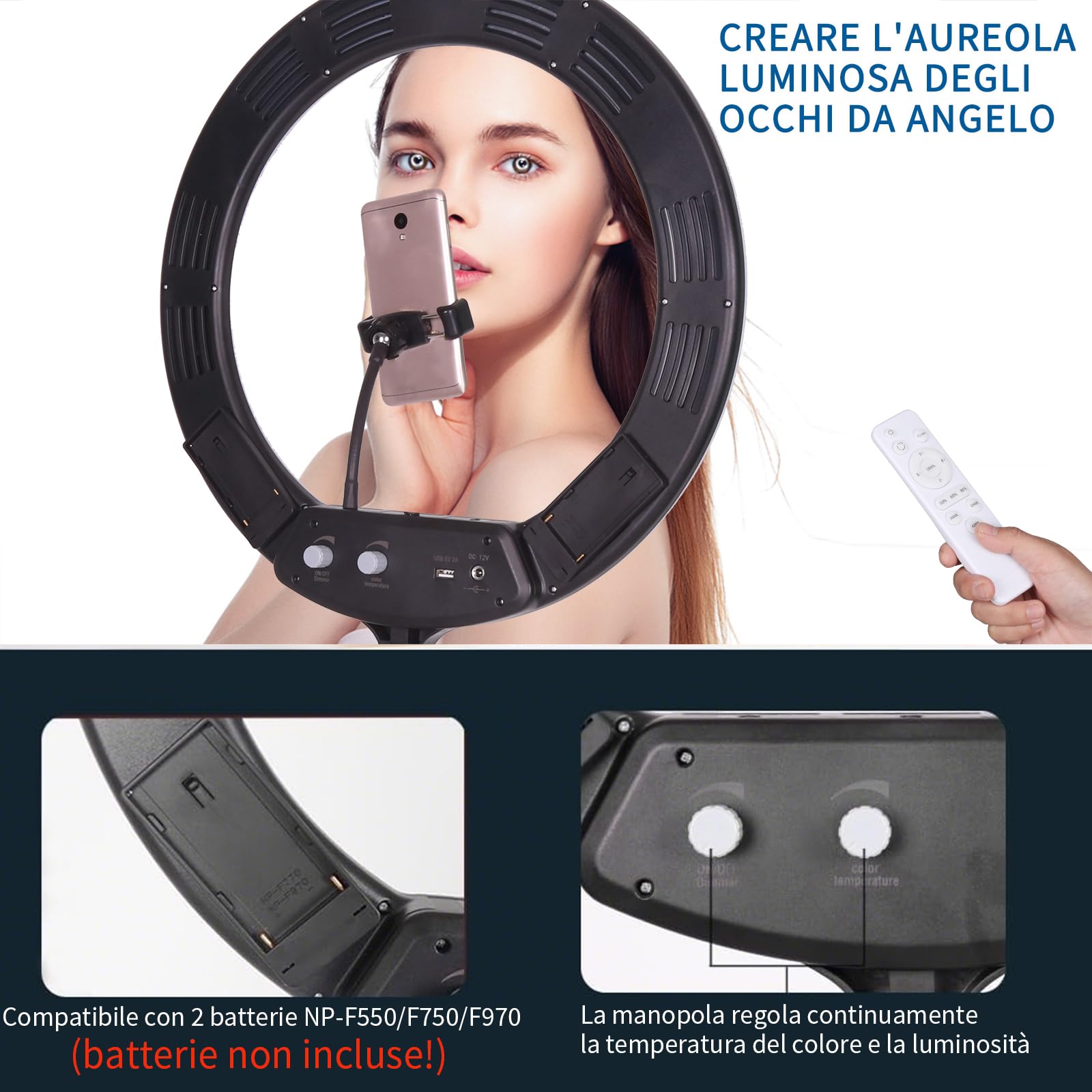 Luce ad Anello -18 Pollici 38 W 3200-5600 K Bicolore Dimmerabile LED Kit di Illuminazione per Fotografia di Bellezza Youtube TikTok, Trucco, Selfie, Ritratto, Tatuaggio, Sopracciglia,Luce video