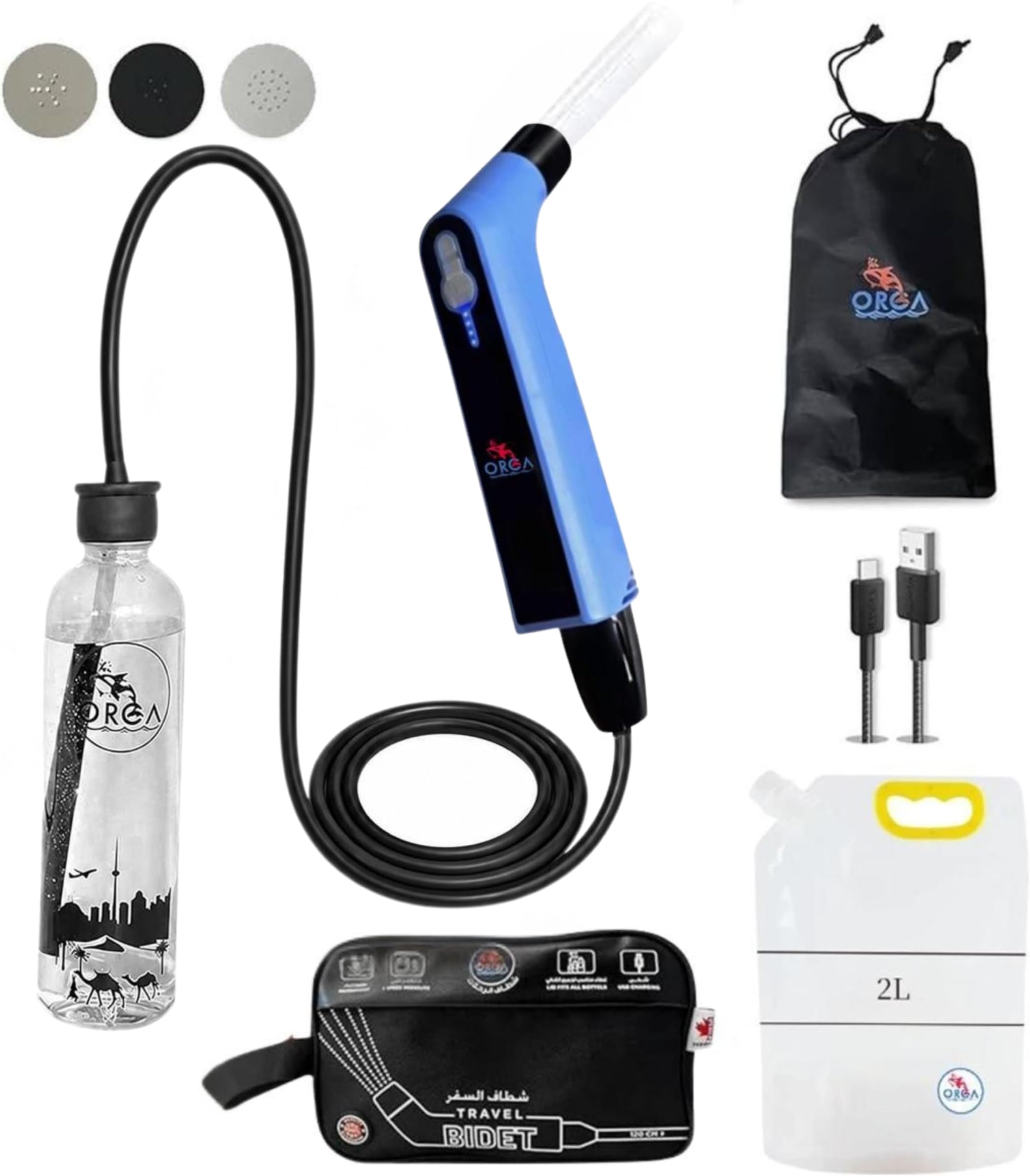 Orca Portable Travel Bidet Bottle Handheld Electric Sprayer For Camping Bathroom Personal Hygiene Cleaning Baby Care Toilet 500Ml + 2 Litres Pouch شطاف السفر ، متنقل الرحلات