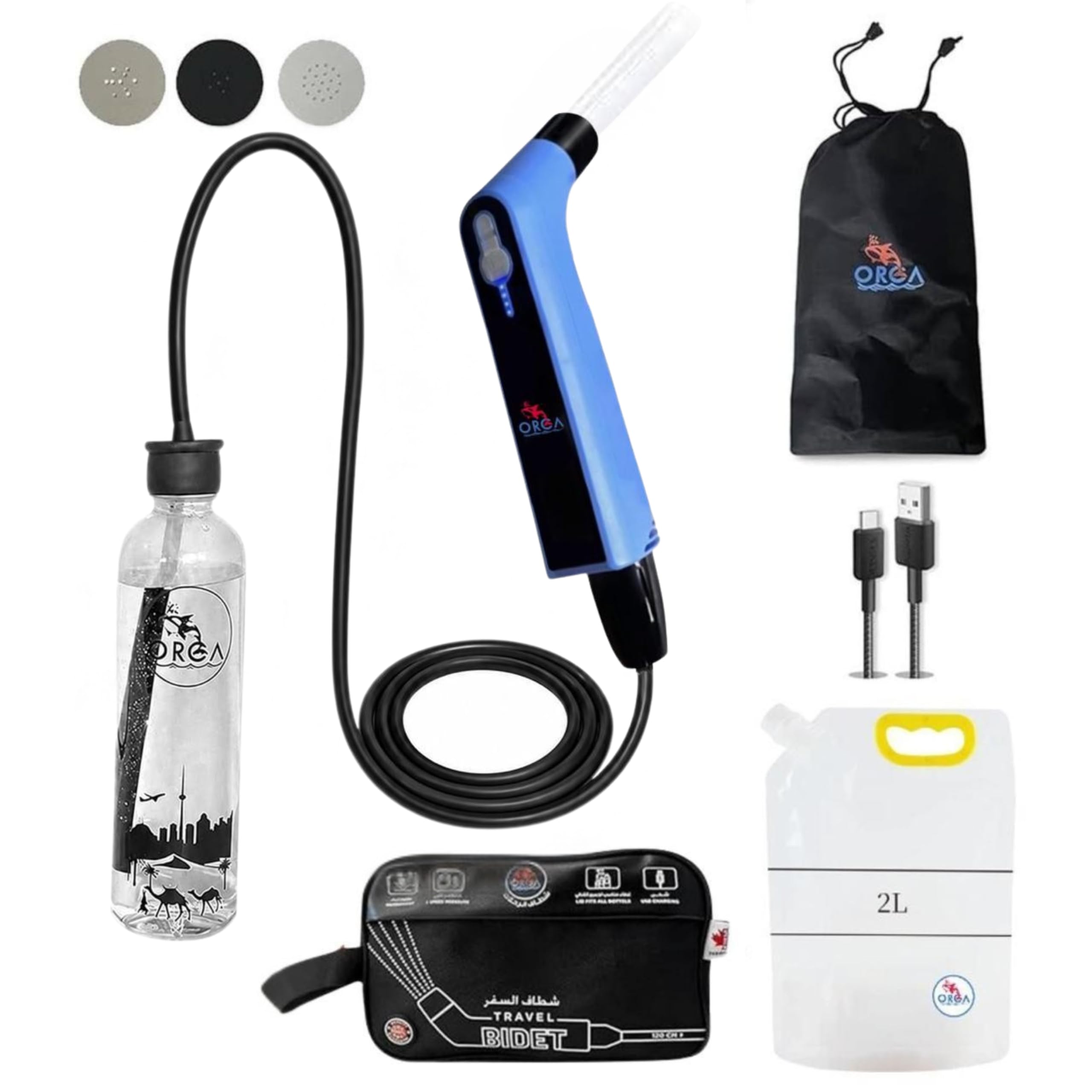 de voyage portable avec pulvérisateur personnel électrique pour le camping, la salle de bain, l'hygiène personnelle, les soins de bébé, le nettoyage des toilettes + pochette de 2 l