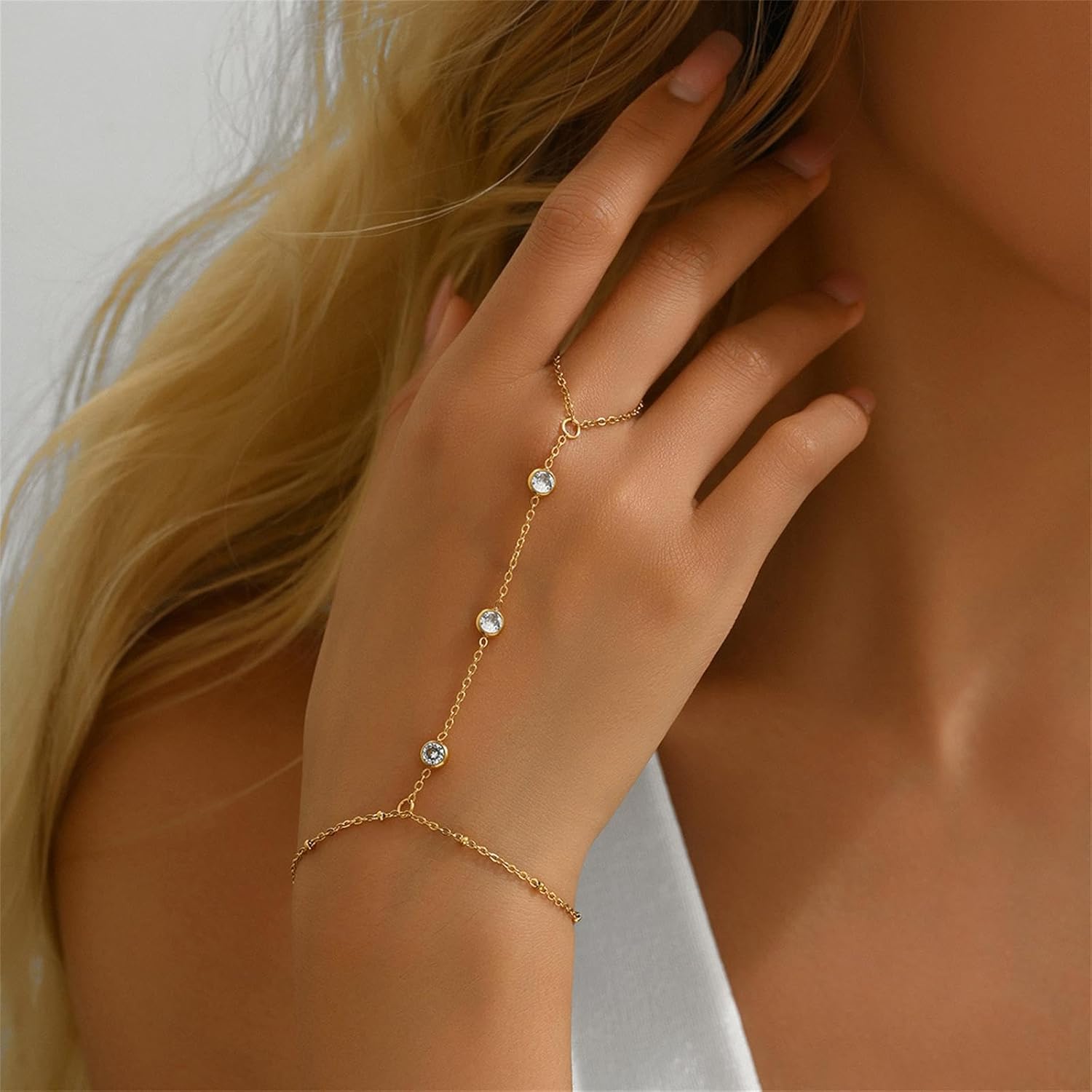 Hand Chain Bracelet for Women Dainty 18K Gold Plated Cubic Zirconia Rhinestone Chain Ring Bracelet Adjustable Trendy Jewelry - Image 3
