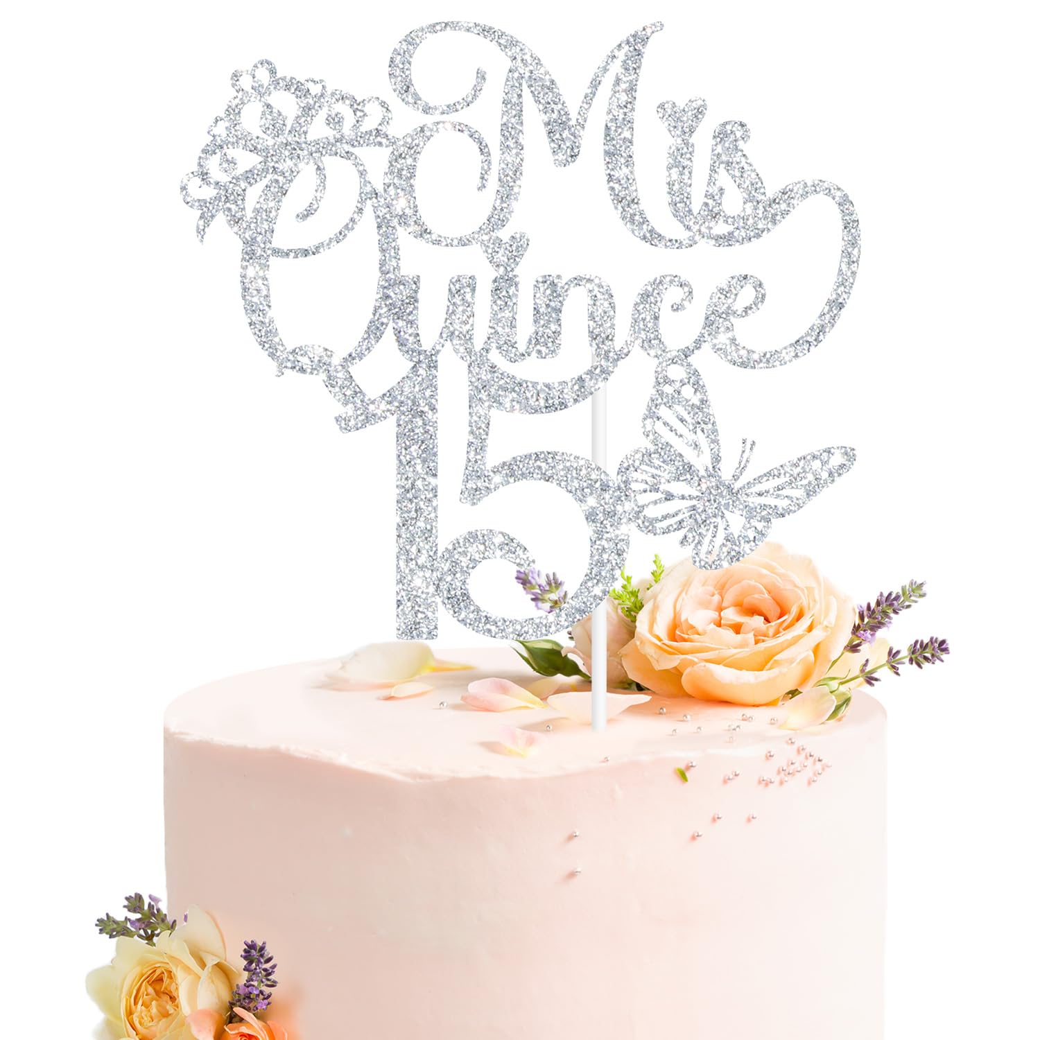 Mis Quince - Decoración para tarta de cumpleaños número 15, Feliz 15 años, saludos a 15 años, decoración de fiesta de cumpleaños número 15, purpurina plateada