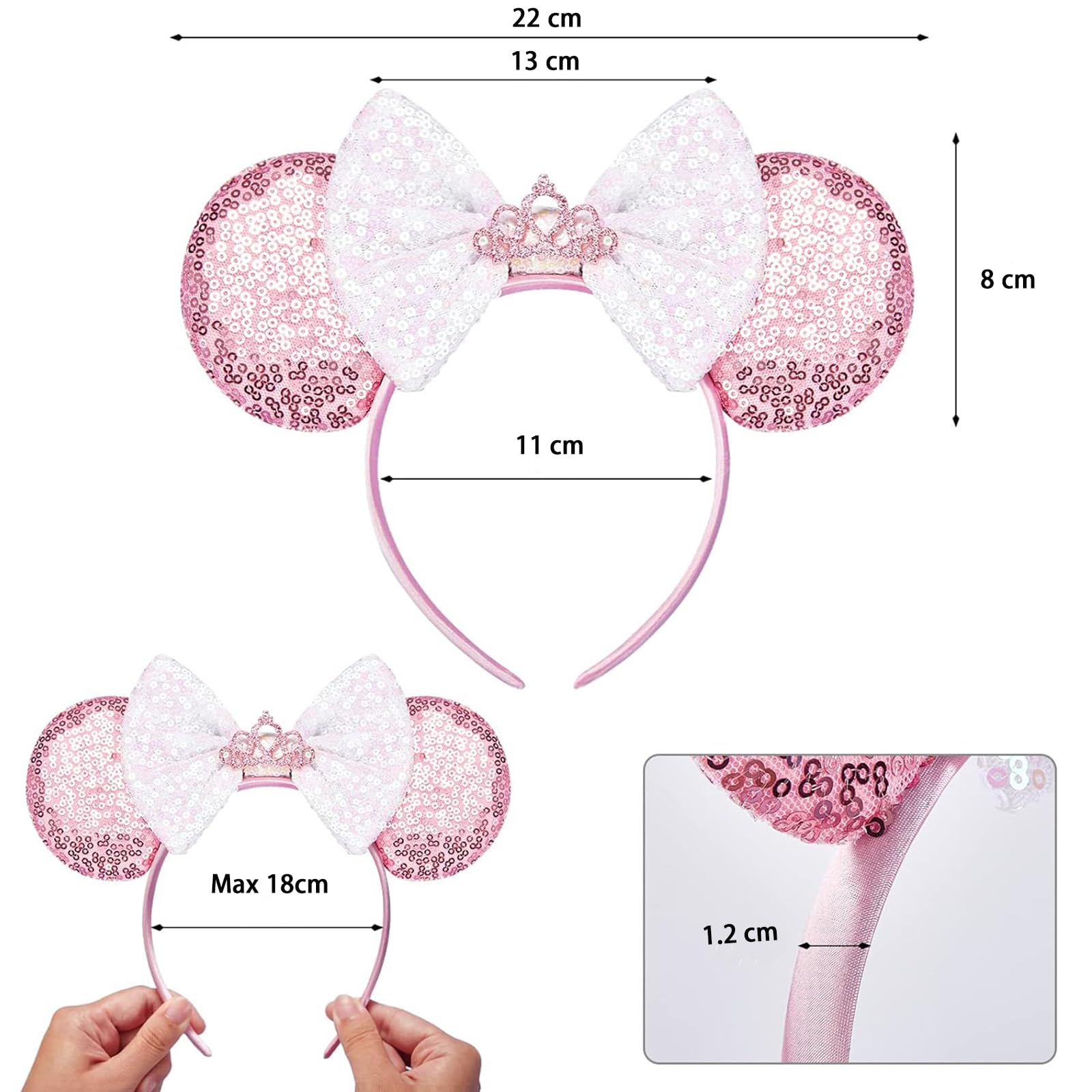 YUNISS Oreilles de Souris Bandeaux, Noeud à Paillettes Bandeaux pour Filles et Femmes (Rose - Couronne)